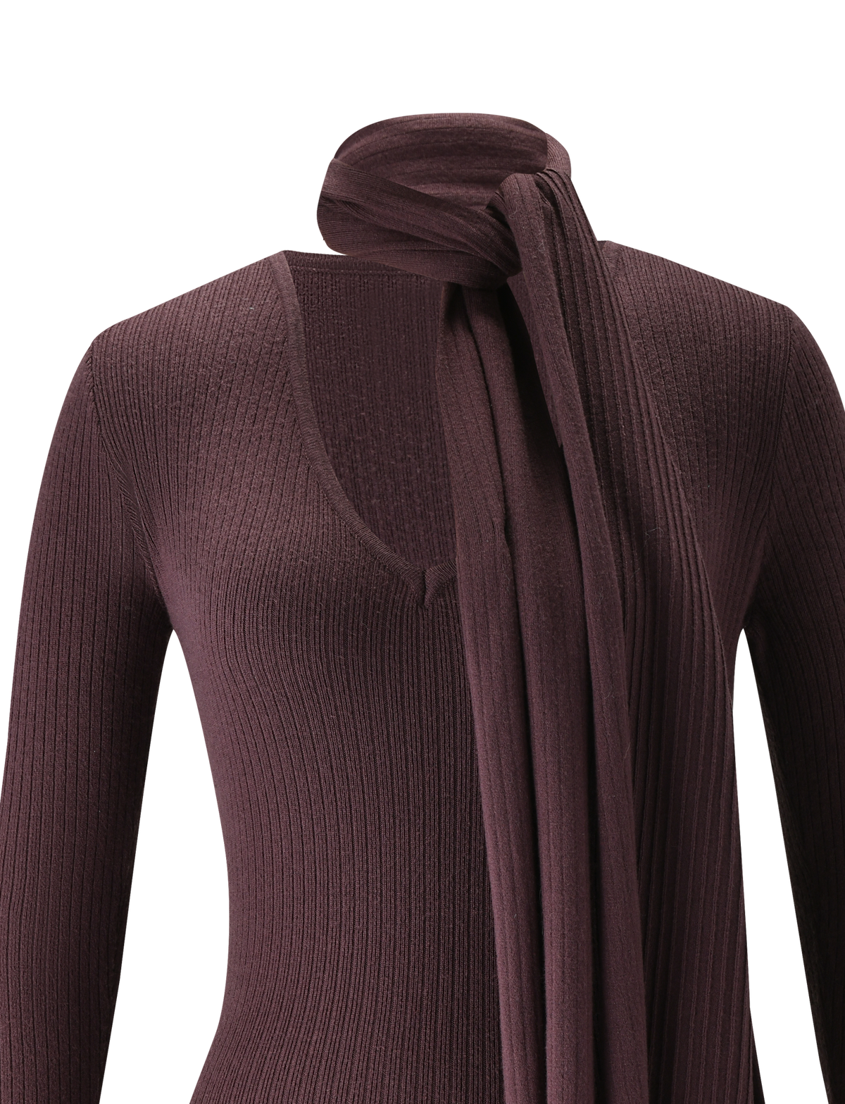 The RENNER MINI DRESS by TIGERMIST is a chocolate ribbed long sleeve knit sweater dress with a V-neckline and an attached matching scarf draped around the neck.