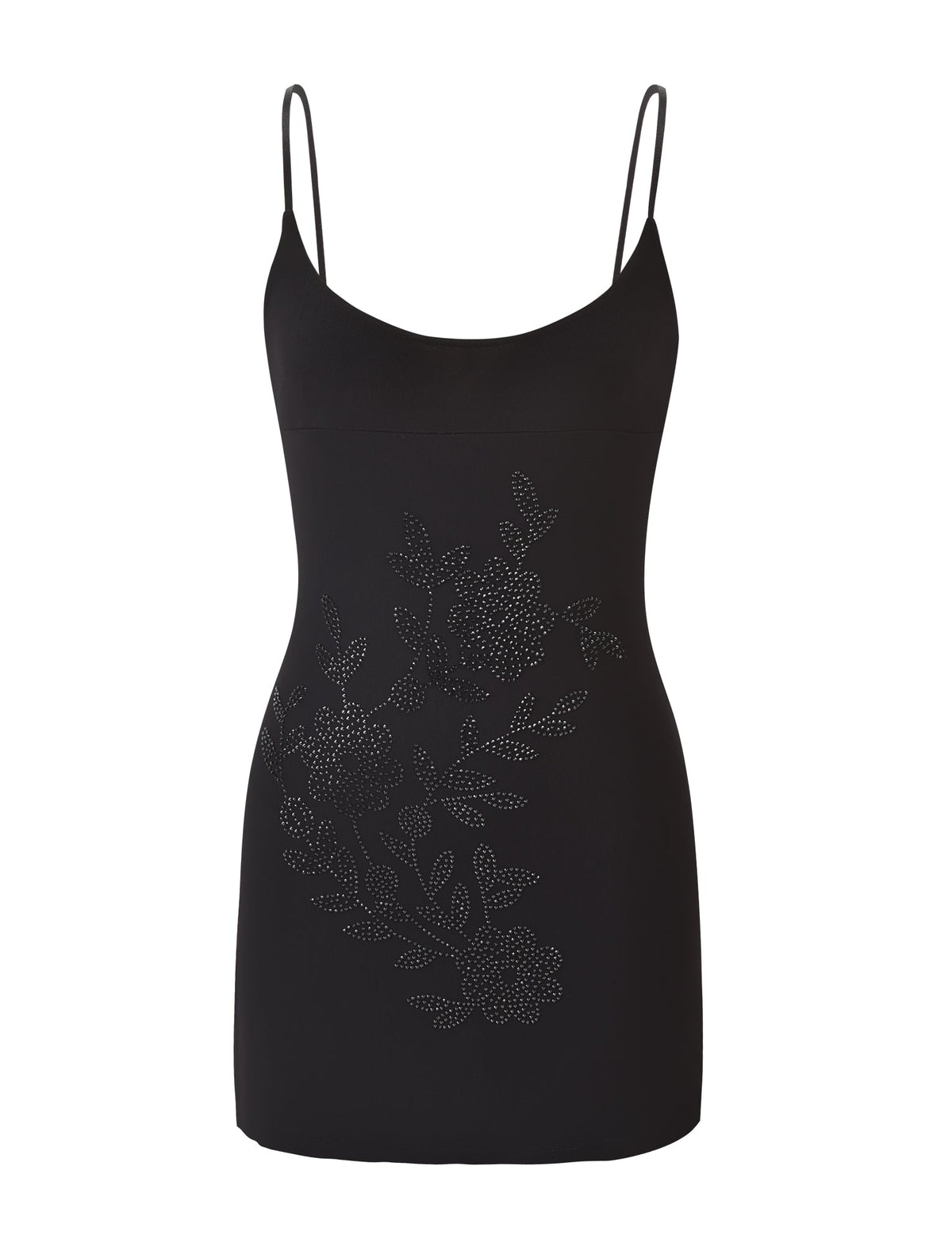 The OCTAVIA MINI DRESS by TIGERMIST is a black mini dress featuring adjustable spaghetti straps and a subtle front floral embellishment made of small, shiny accents.