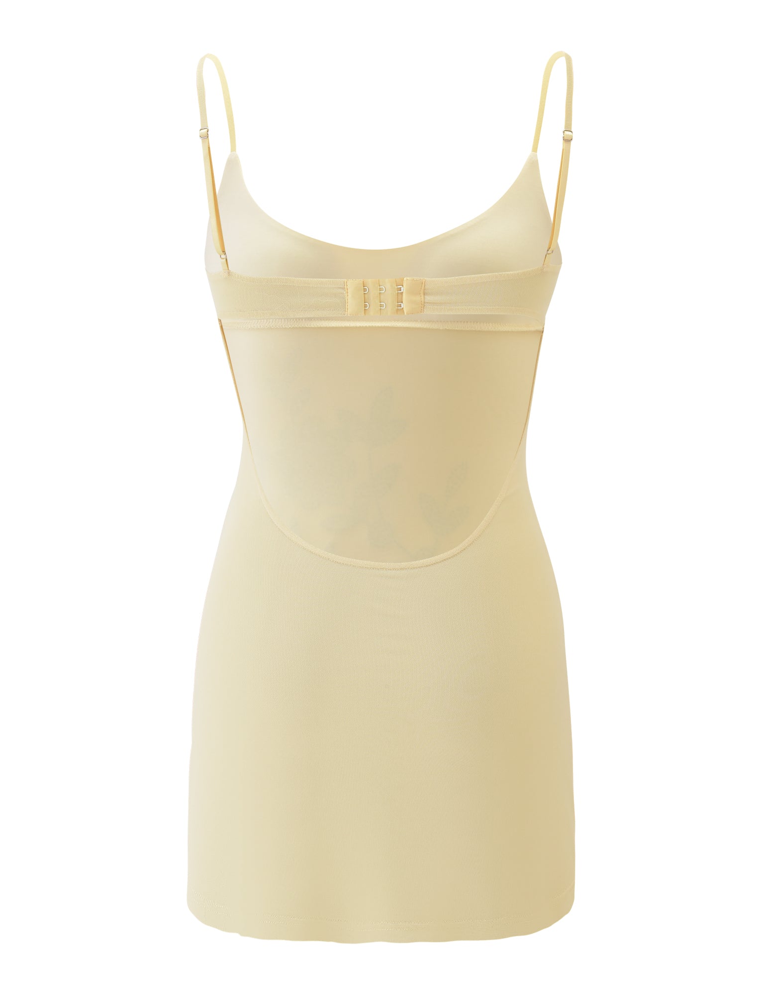 The OCTAVIA MINI DRESS - YELLOW by TIGERMIST is a pale yellow mini dress featuring adjustable spaghetti straps, a seamless design, cut-out back detail, and a chic sleeveless silhouette.