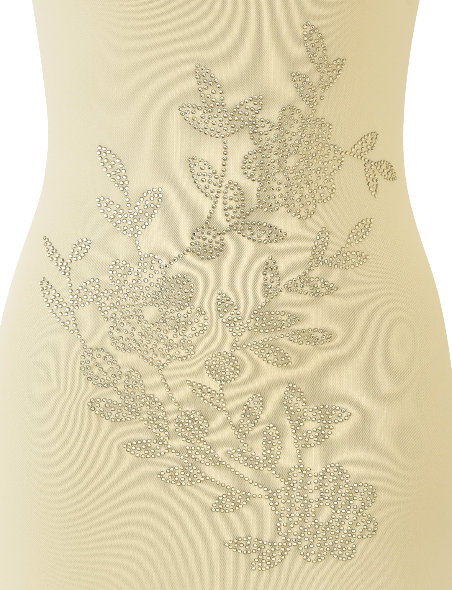Close-up of the OCTAVIA MINI DRESS - YELLOW by TIGERMIST, showcasing beige fabric with detailed floral embellishments crafted from small, sparkling rhinestones forming flowers and leaves.