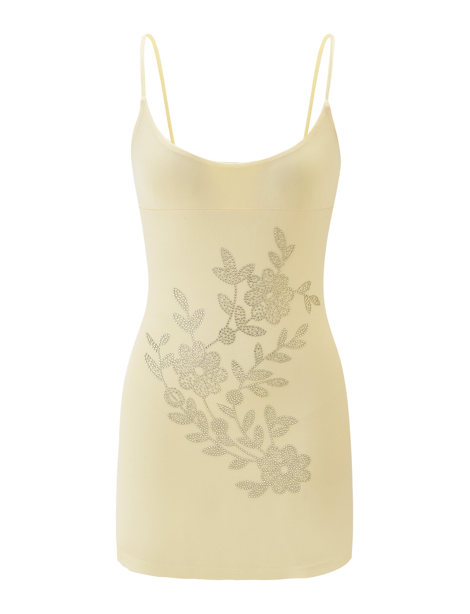 The OCTAVIA MINI DRESS by TIGERMIST is a light yellow mini dress featuring adjustable spaghetti straps and small rhinestone floral embellishments on the front.