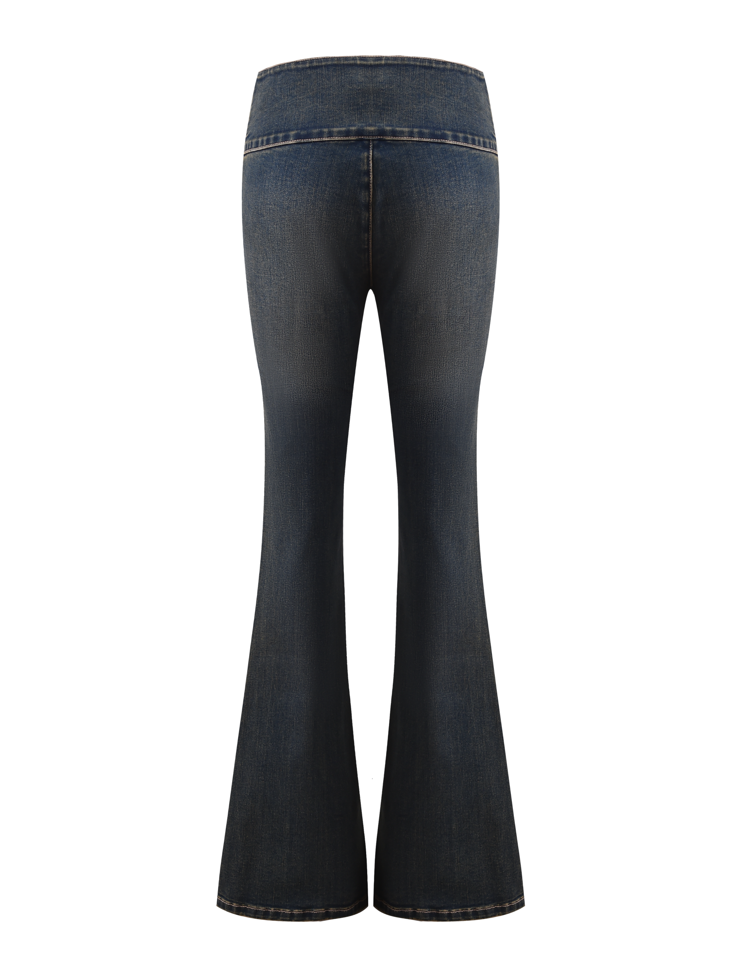 The RIONA JEAN - MIDWASH by TIGERMIST features a high-waisted, flared leg in dark blue midwash denim with visible fading and brown stitching, shown from the back against a white background.