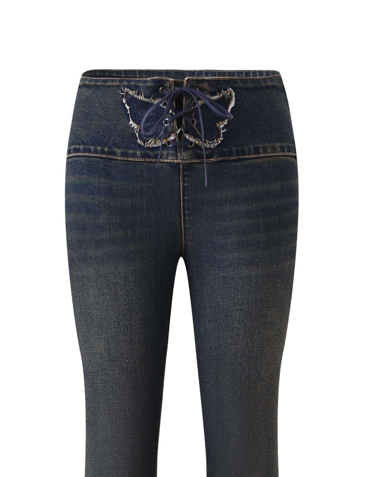 The TIGERMIST RIONA JEAN - MIDWASH features a frayed waistband, lace-up front, and low rise waist. Shown from waist to upper thighs against a plain white background.