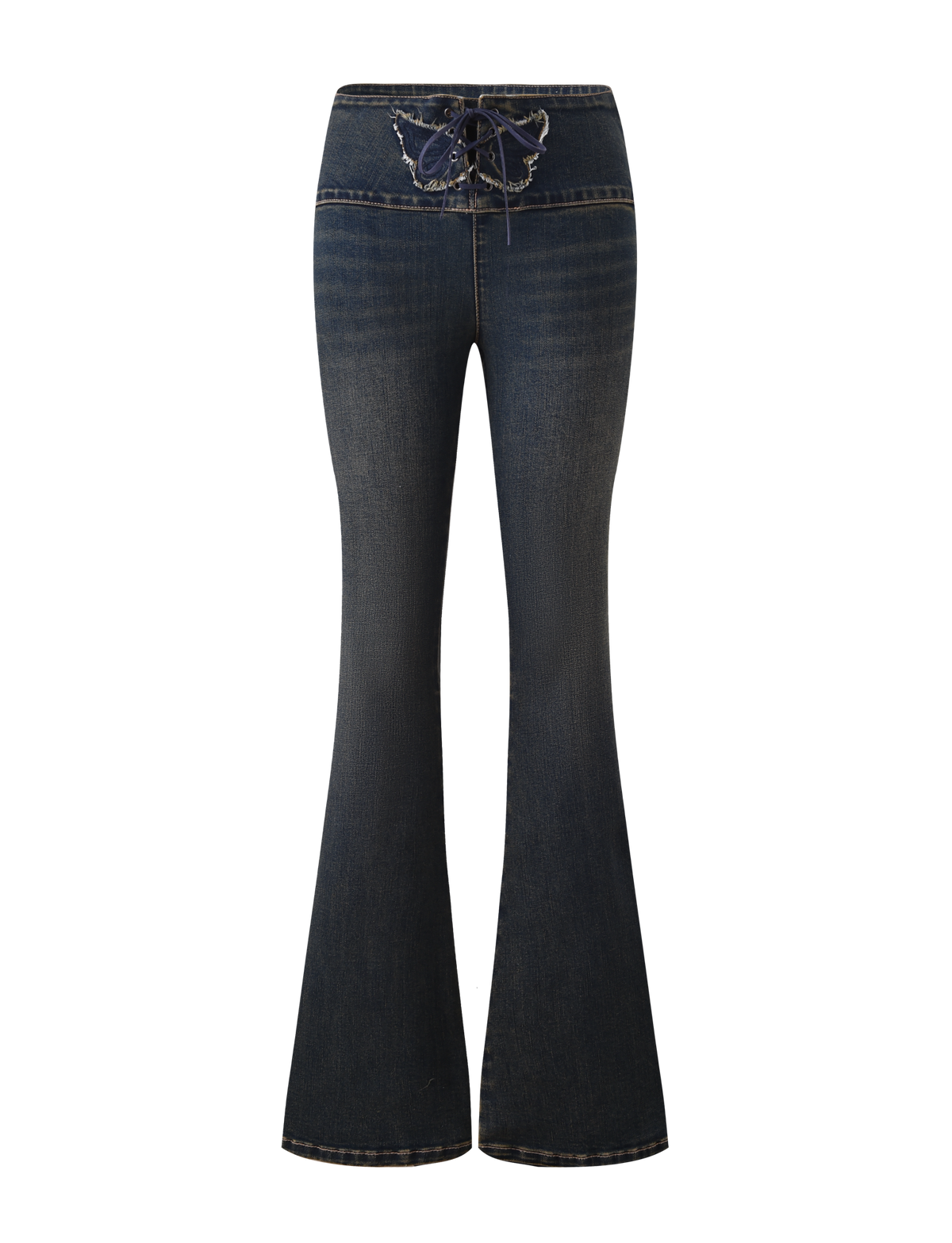 The TIGERMIST RIONA JEAN - MIDWASH features a dark blue flared leg, lace-up front detail, embroidered butterfly at the waistband, and a low rise waist, shown against a white background.