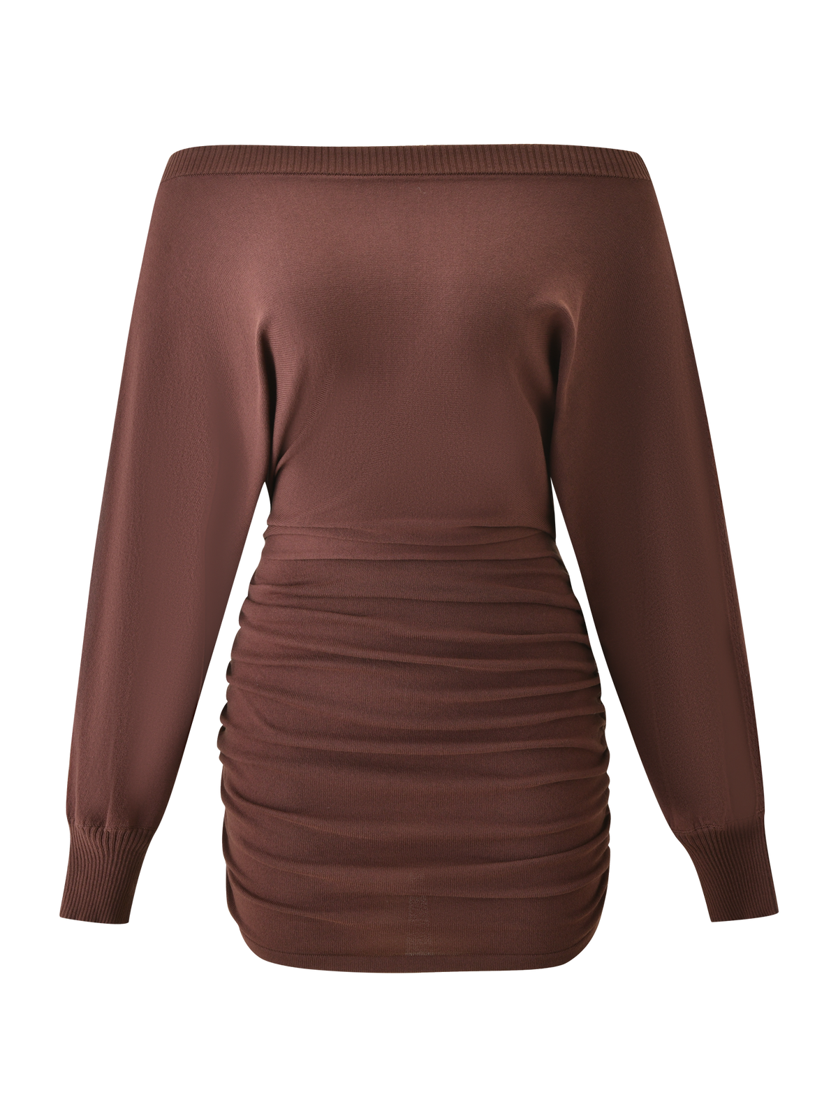 The TIGERMIST JANINE MINI DRESS in chocolate is a brown, off-the-shoulder bodycon mini dress with long sleeves, a ruched waist, and ribbed cuffs, shown on a plain white background.