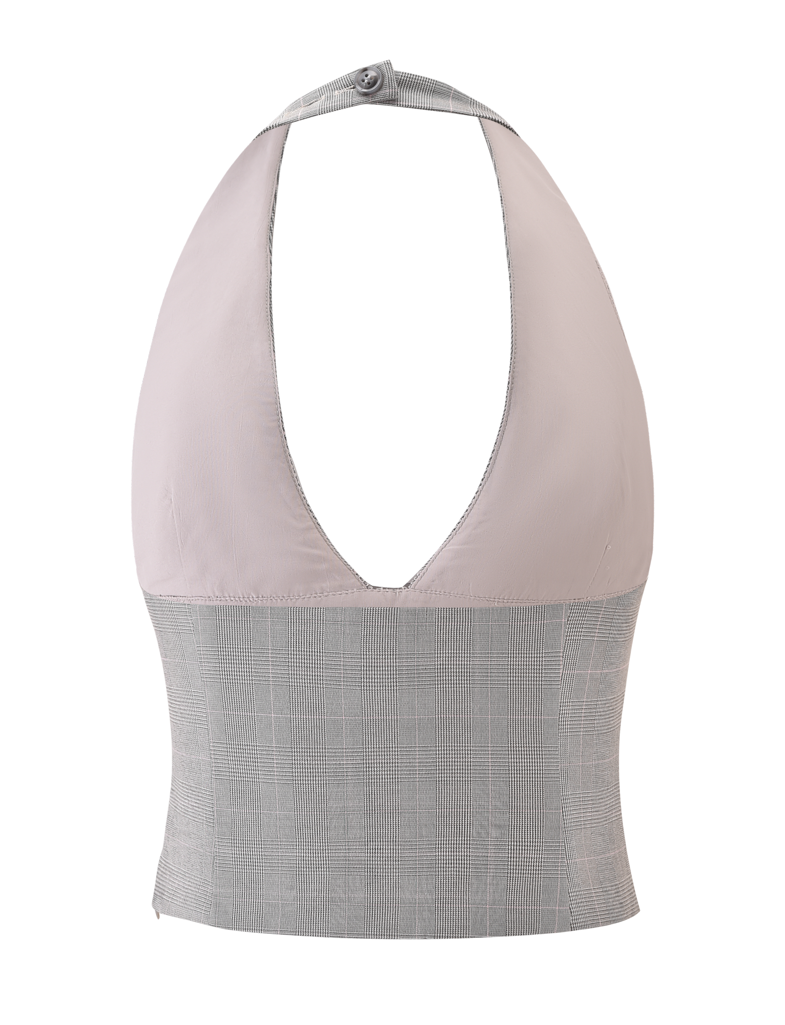 The TERESIA TOP - GREY CHECK by TIGERMIST is a stretch halter top with a buttoned neck, tortoiseshell buttons, a plunging neckline, and a two-tone design: light beige bust and gray plaid lower section.