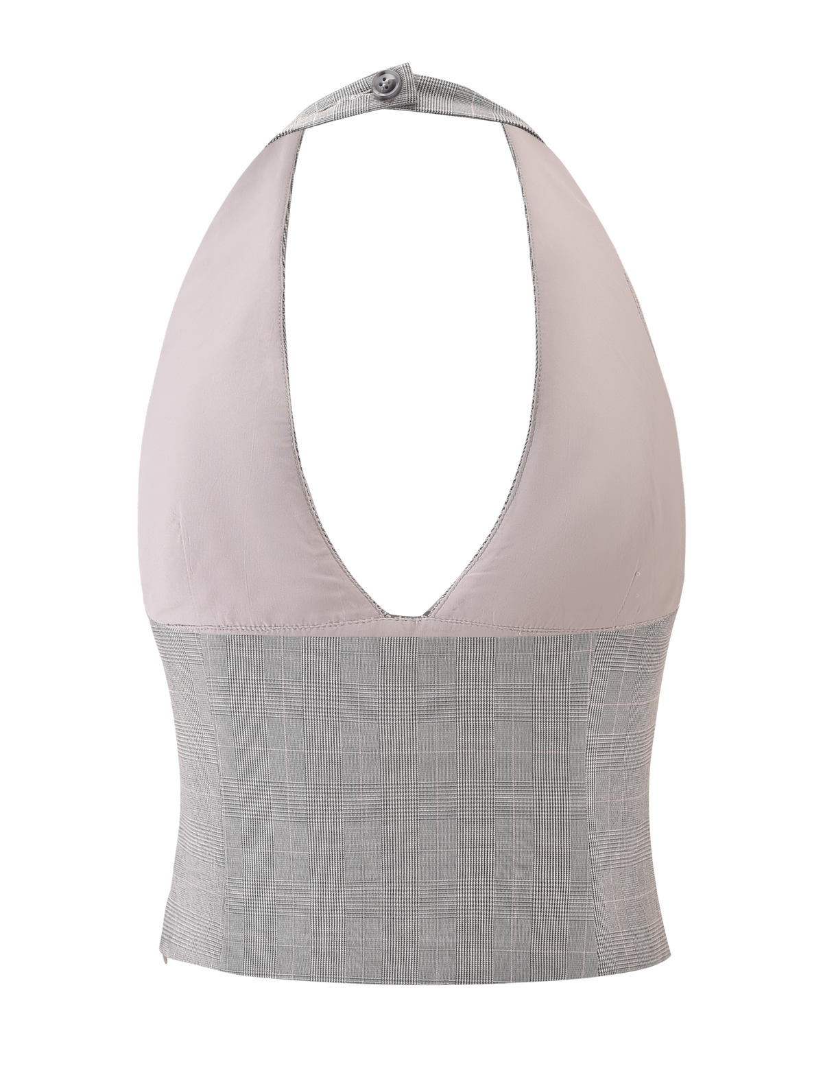 The TERESIA TOP - GREY CHECK by TIGERMIST is a stretch halter top with a buttoned neck, tortoiseshell buttons, a plunging neckline, and a two-tone design: light beige bust and gray plaid lower section.