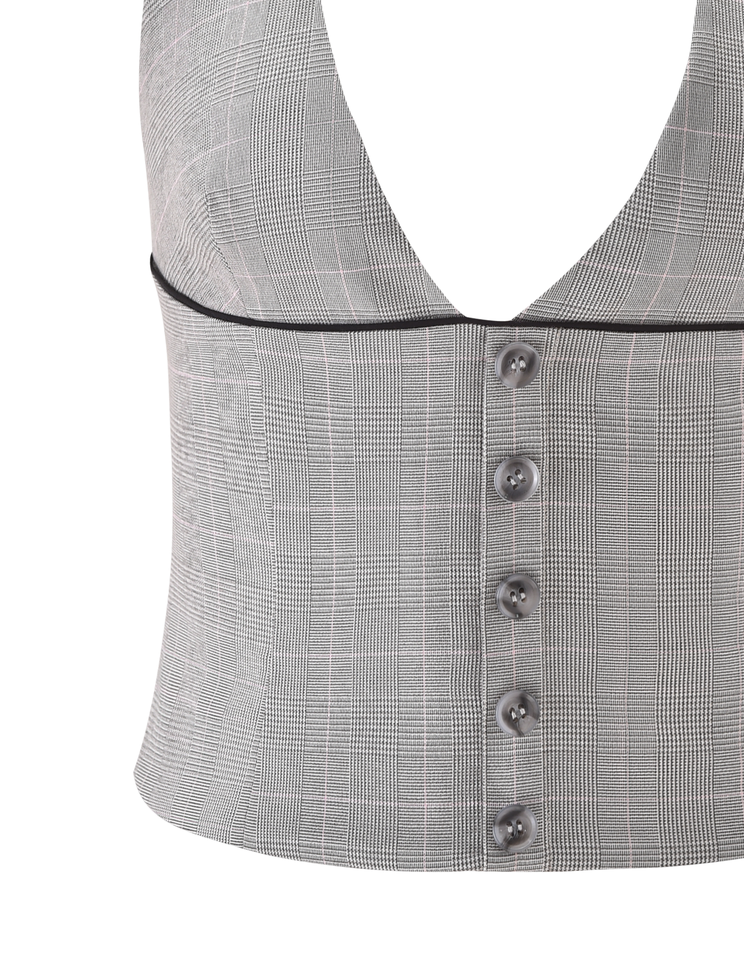 Close-up of the TIGERMIST TERESIA TOP - GREY CHECK, featuring a plunging neckline, black piping under the bust, six tortoiseshell buttons, and a subtle gray checkered pattern.