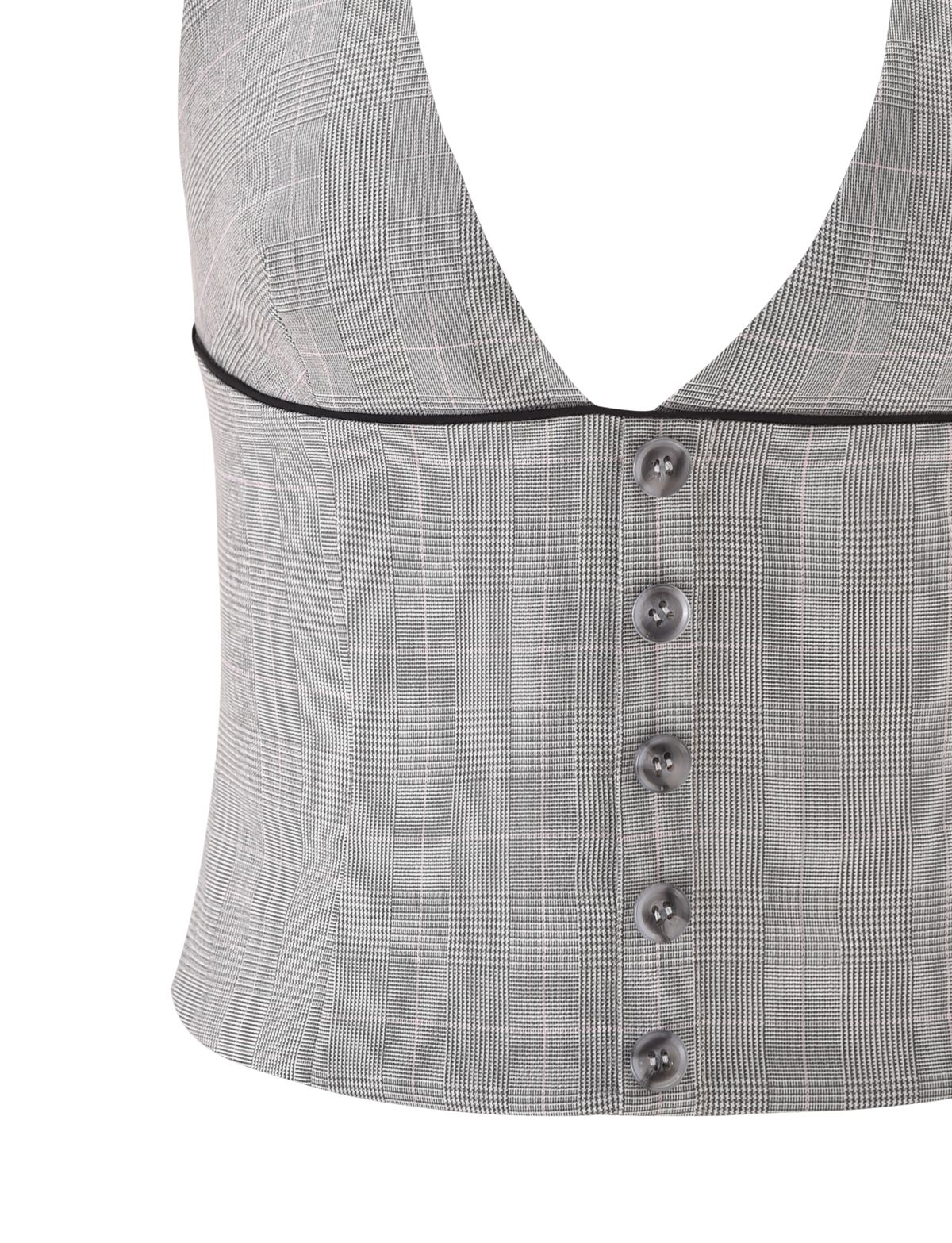 Close-up of the TIGERMIST TERESIA TOP - GREY CHECK, featuring a plunging neckline, black piping under the bust, six tortoiseshell buttons, and a subtle gray checkered pattern.