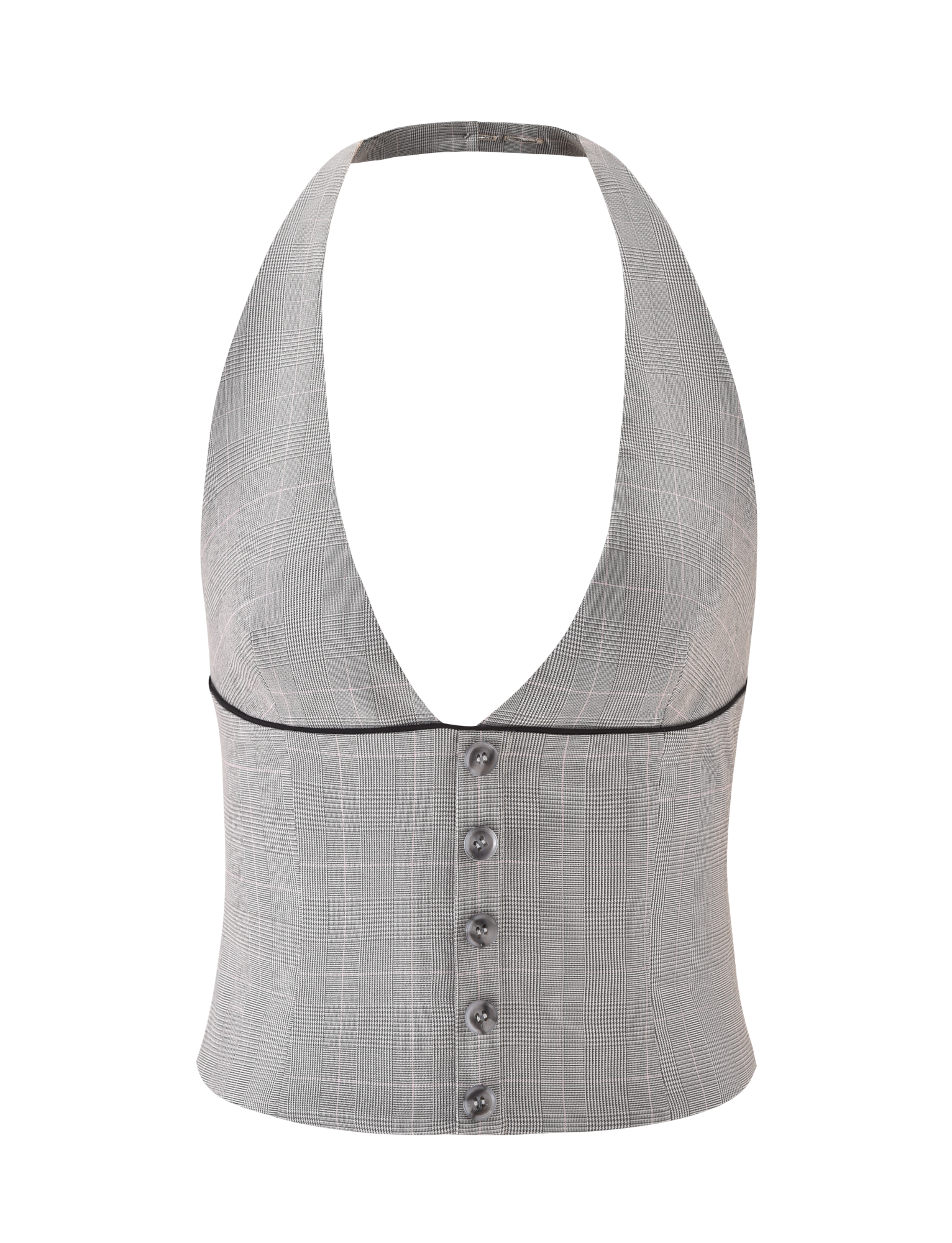 The TERESIA TOP - GREY CHECK by TIGERMIST features a gray check stretch fabric, halter neckline, black piping under the bust, and five tortoiseshell buttons down the front.