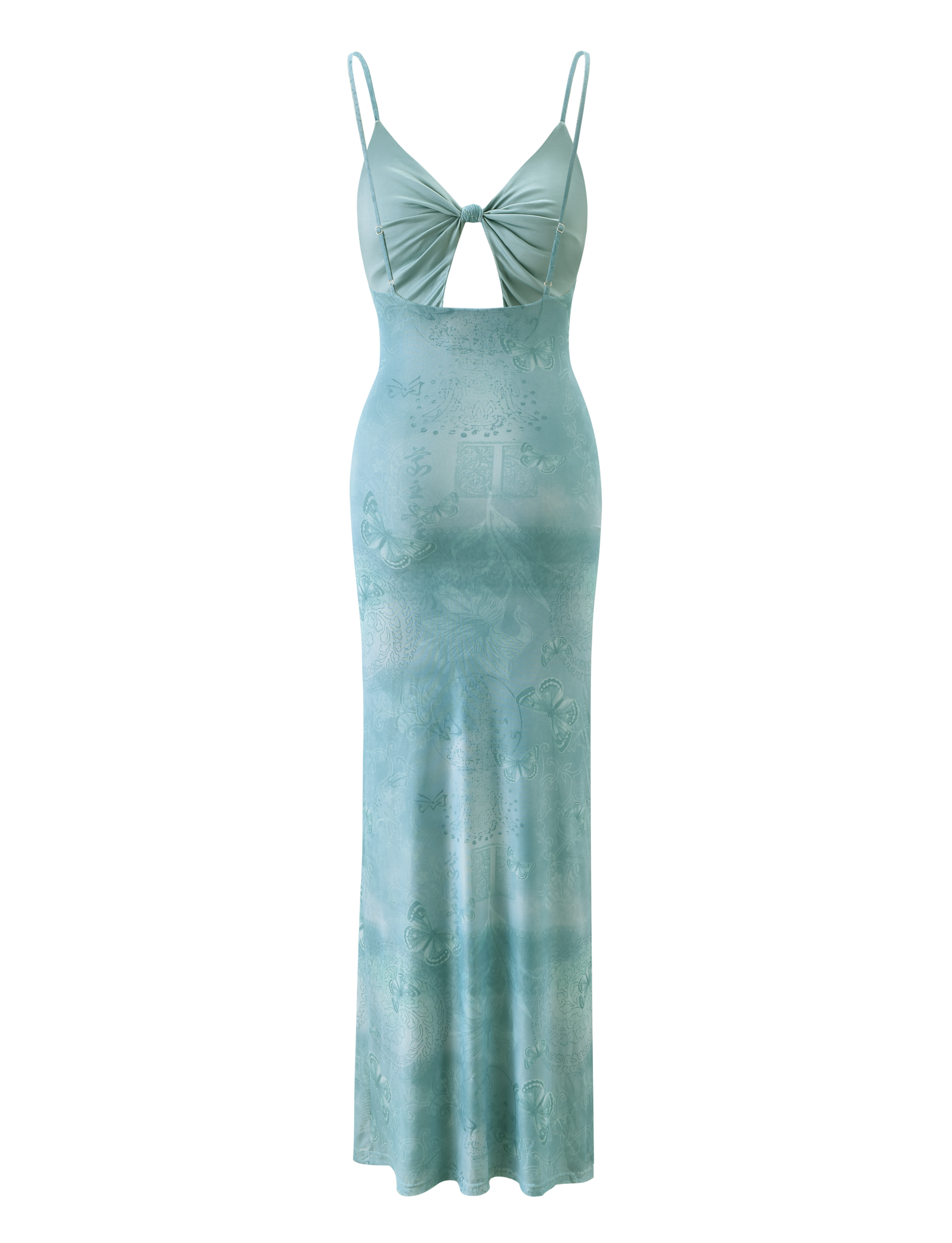 The TIGERMIST GARNET MAXI DRESS in teal butterfly paisley is a sleeveless maxi with adjustable spaghetti straps, a front keyhole cutout, and an allover butterfly paisley print.