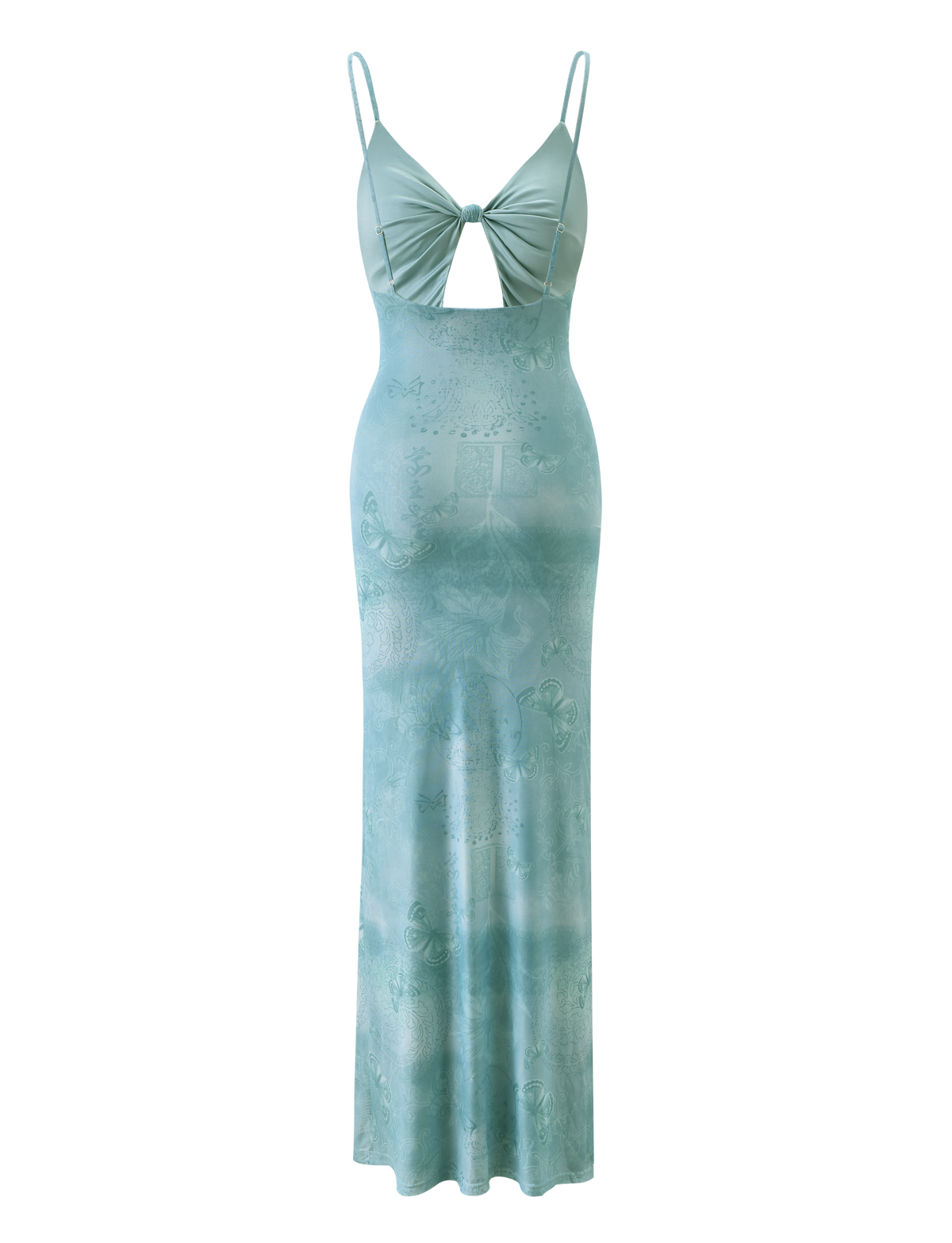 The TIGERMIST GARNET MAXI DRESS in teal butterfly paisley is a sleeveless maxi with adjustable spaghetti straps, a front keyhole cutout, and an allover butterfly paisley print.
