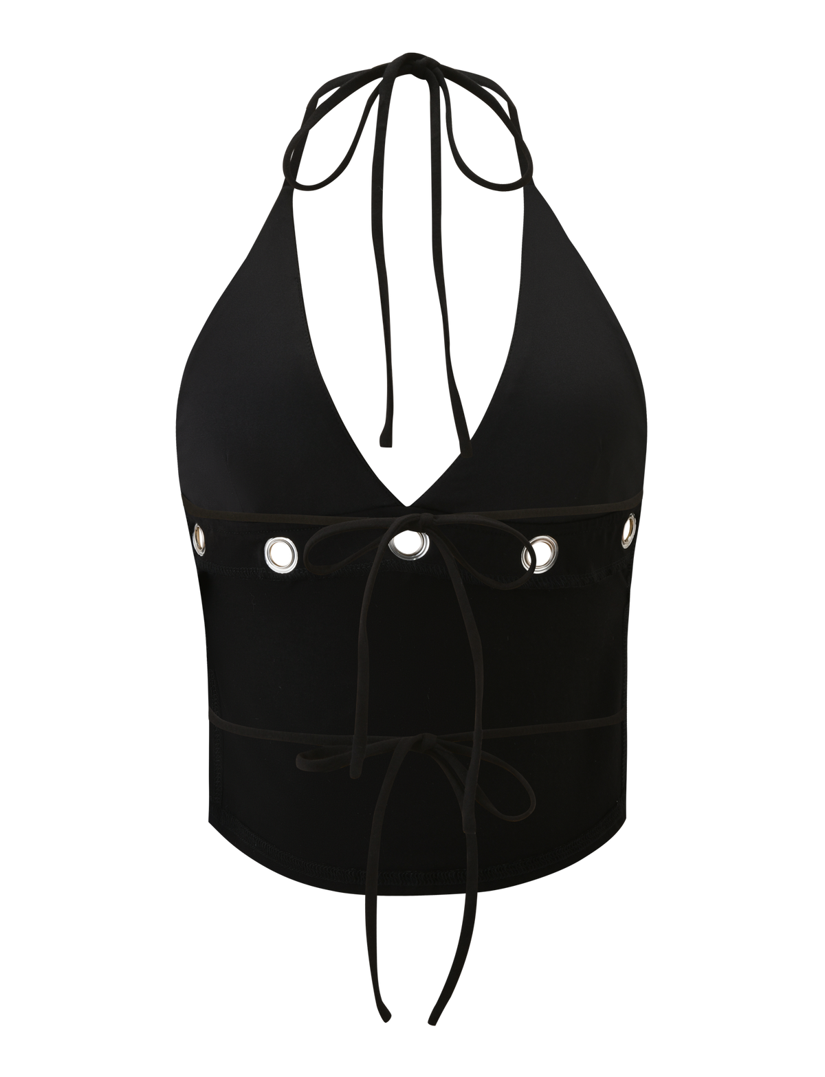 The MARREN TOP - BLACK by TIGERMIST features a black halter neck, deep V-neckline, grommet eyelet accents, front lace-up ties, and a fitted, backless silhouette for a bold edge.