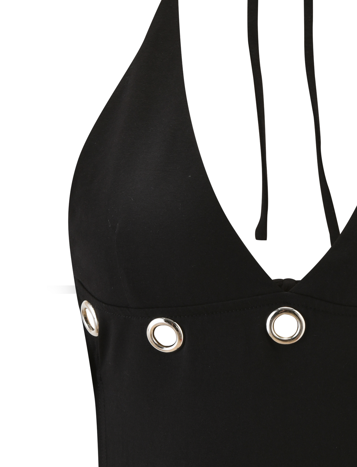 Close-up of the TIGERMIST MARREN TOP - BLACK, a chic backless halter neck top featuring silver eyelets along the chest and two thin black straps, displayed against a white background.