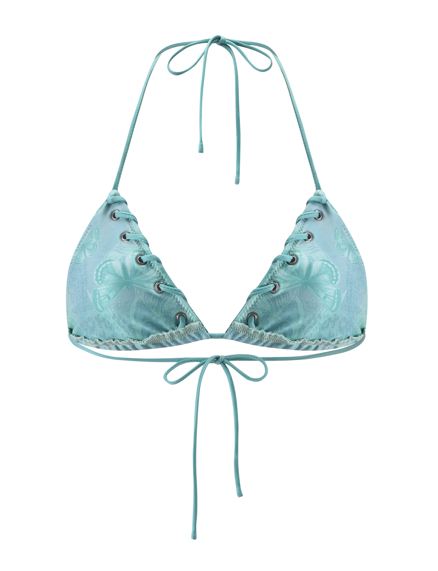The TIGERMIST ROBYN BIKINI TOP in blue features a butterfly paisley print, thin halter neck and back tie straps, and whipstitch detailing along the edges.