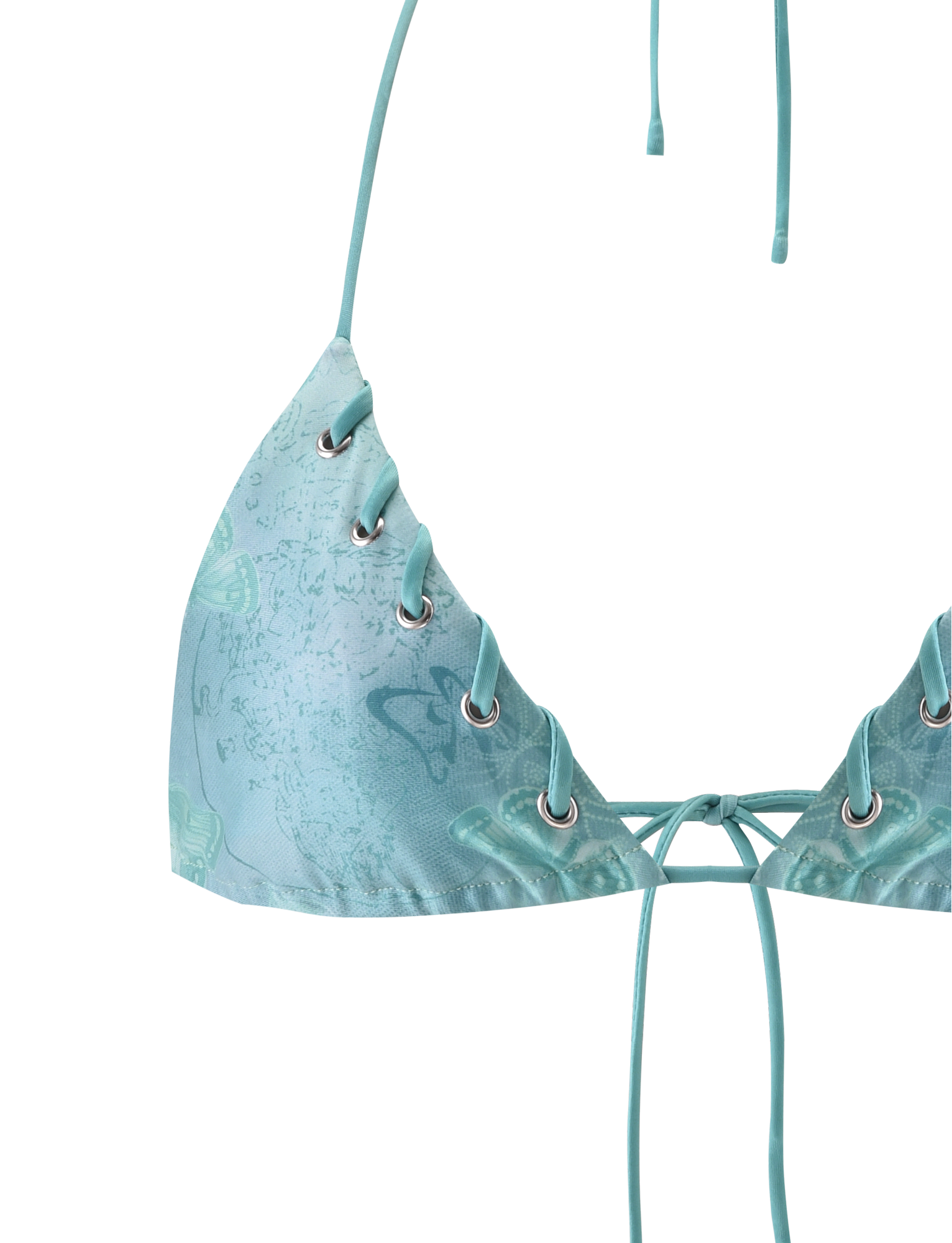 Close-up of the TIGERMIST ROBYN BIKINI TOP in Blue Butterfly Paisley, featuring a subtle pattern, silver grommets, thin adjustable strings, and delicate whipstitch detail for added style.