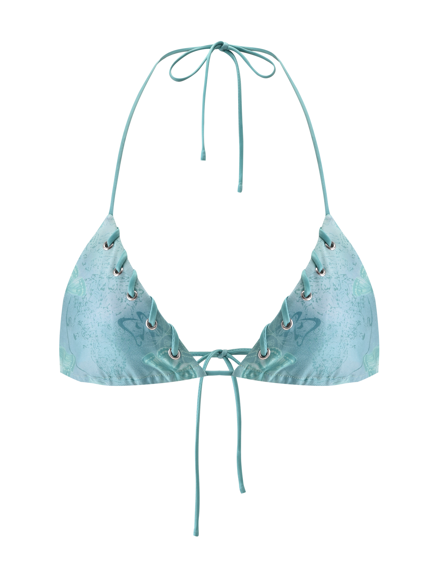 The TIGERMIST ROBYN BIKINI TOP - BLUE BUTTERFLY PAISLEY features a triangle design with lace-up cups, silver grommets, thin adjustable halter and front ties with whipstitch detail, shown on a plain white background.