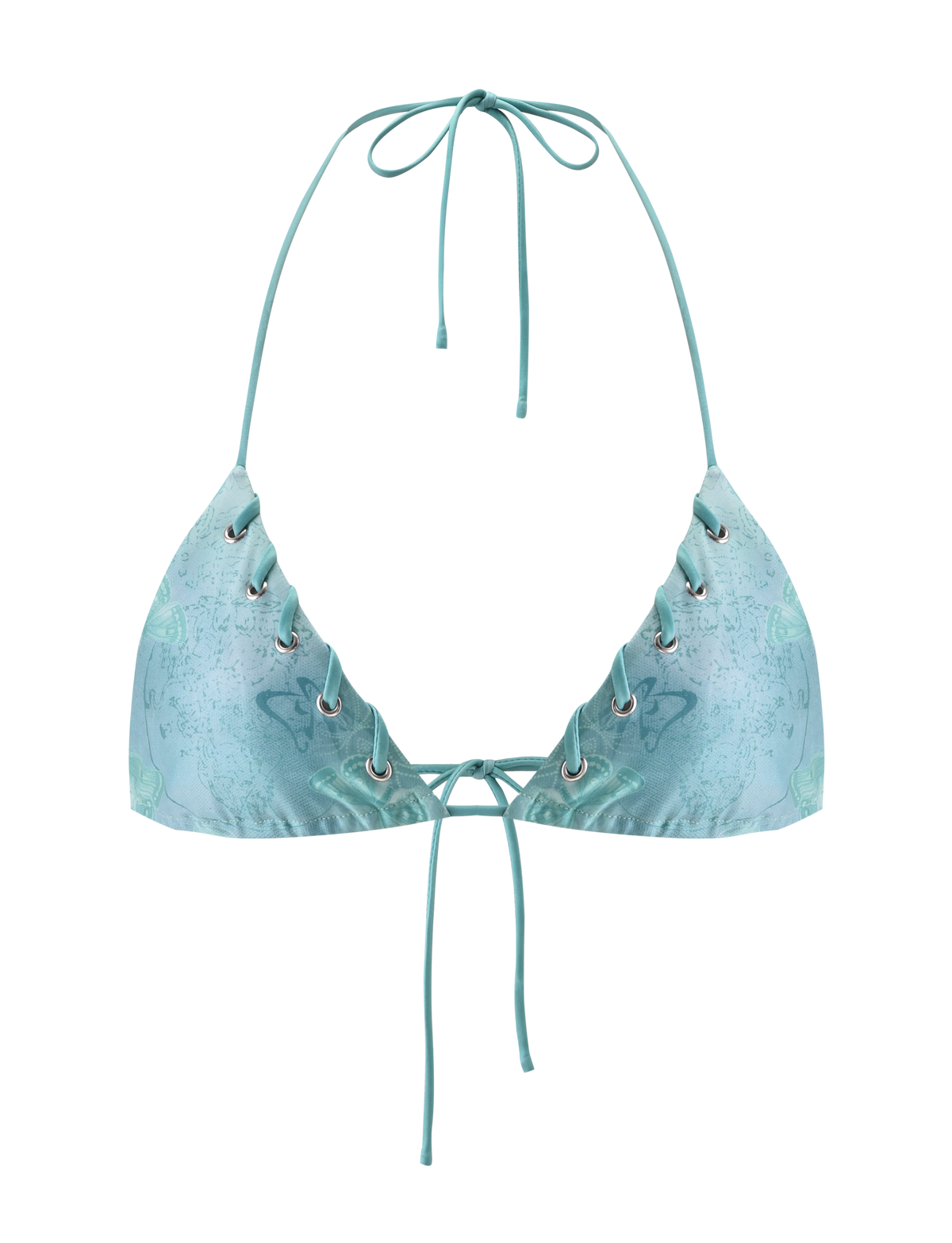 The TIGERMIST ROBYN BIKINI TOP - BLUE BUTTERFLY PAISLEY features a triangle design with lace-up cups, silver grommets, thin adjustable halter and front ties with whipstitch detail, shown on a plain white background.