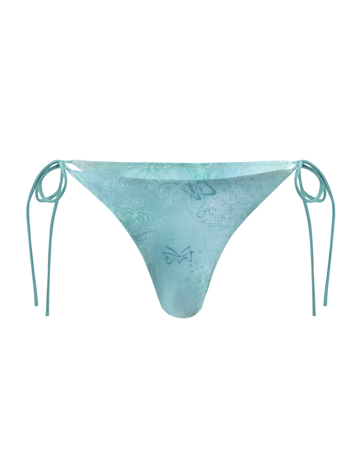 The TIGERMIST ROBYN BIKINI BOTTOM - BLUE BUTTERFLY PAISLEY features light blue side tie strings and a subtle butterfly paisley print on the front, shown against a plain white background.