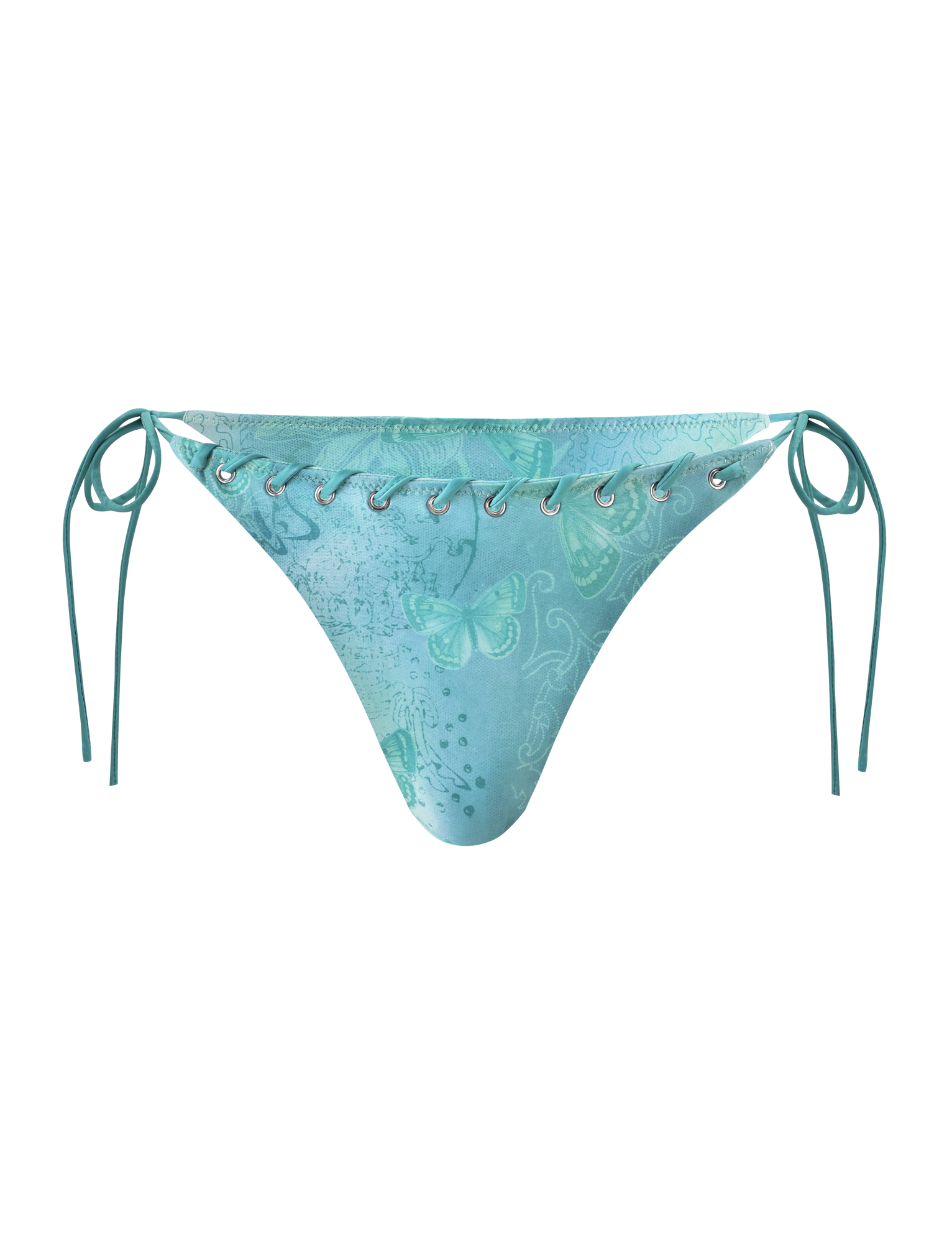 The TIGERMIST ROBYN BIKINI BOTTOM in Blue Butterfly Paisley features a light blue paisley print, lace-up whipstitch detail with silver eyelets at the top edge, and adjustable side ties.