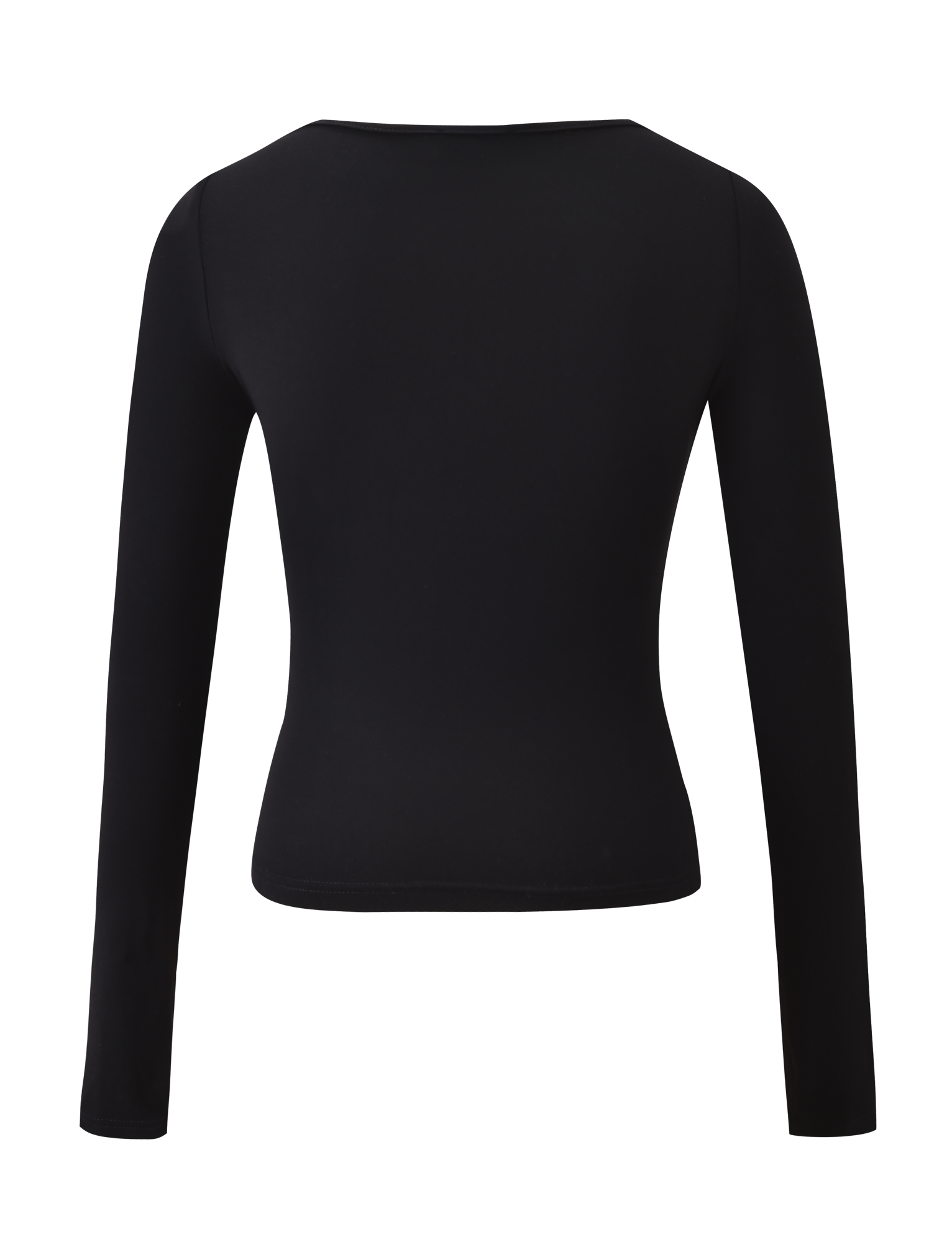 The DAMELA LONG SLEEVE TOP by TIGERMIST is a plain black fitted top with an adjustable neckline for versatile styling, shown from the back with no visible patterns or embellishments.