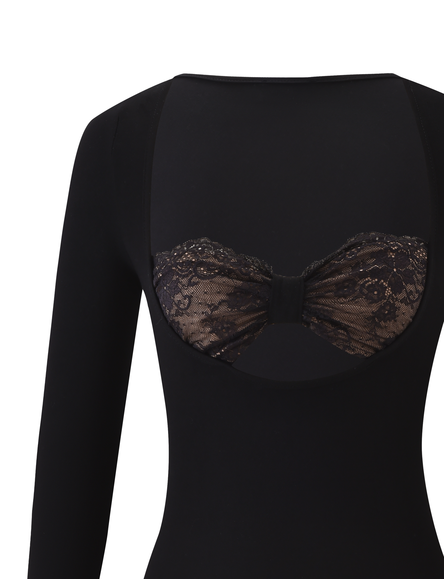 The TIGERMIST DAMELA LONG SLEEVE TOP in black features a low-cut back with a floral lace bandeau detail, creating a striking contrast against the solid fabric for a subtly alluring and versatile look.