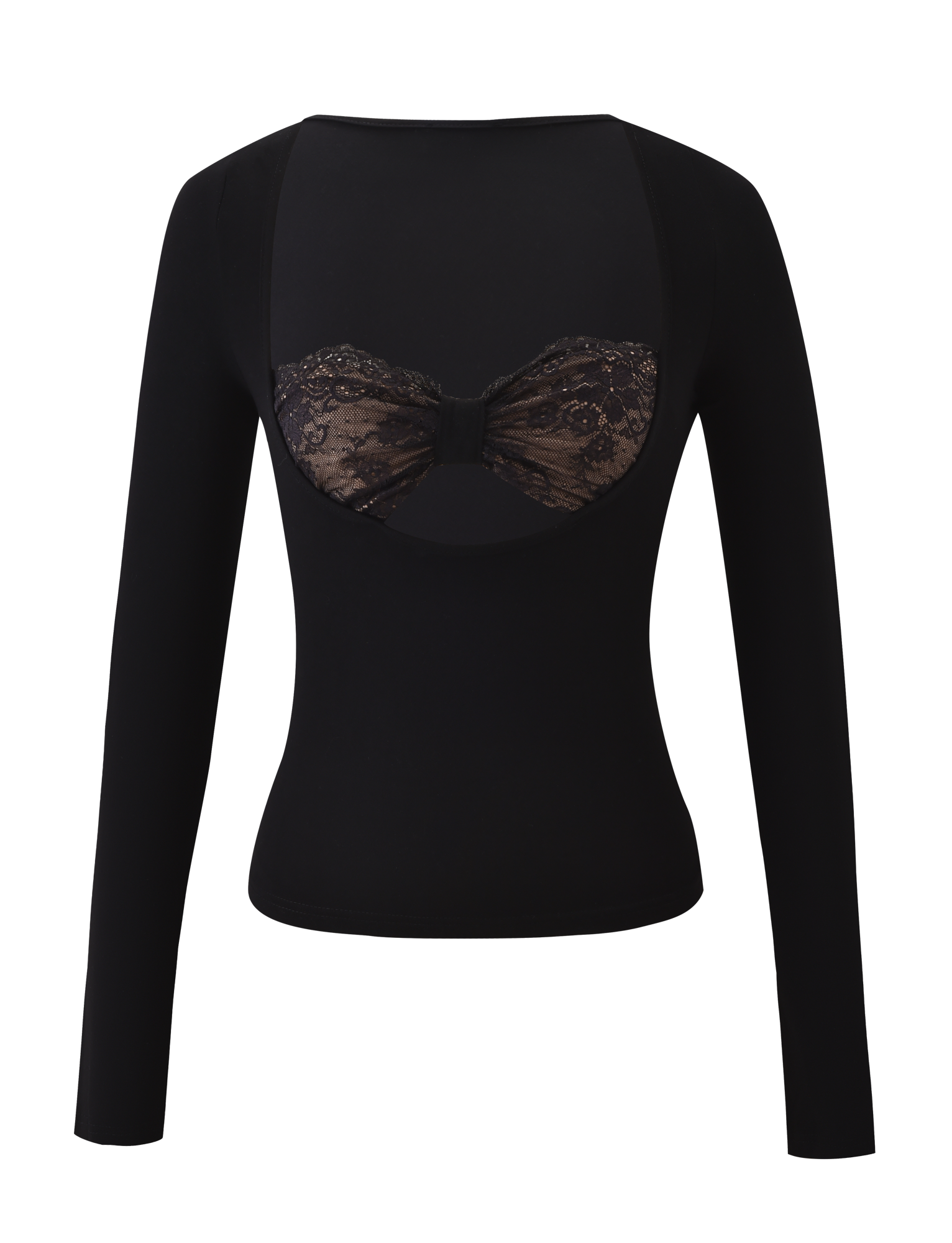 The DAMELA LONG SLEEVE TOP by TIGERMIST features black fabric, a sheer chest panel, and a decorative lace bandeau bow across the chest, shown on a white background.