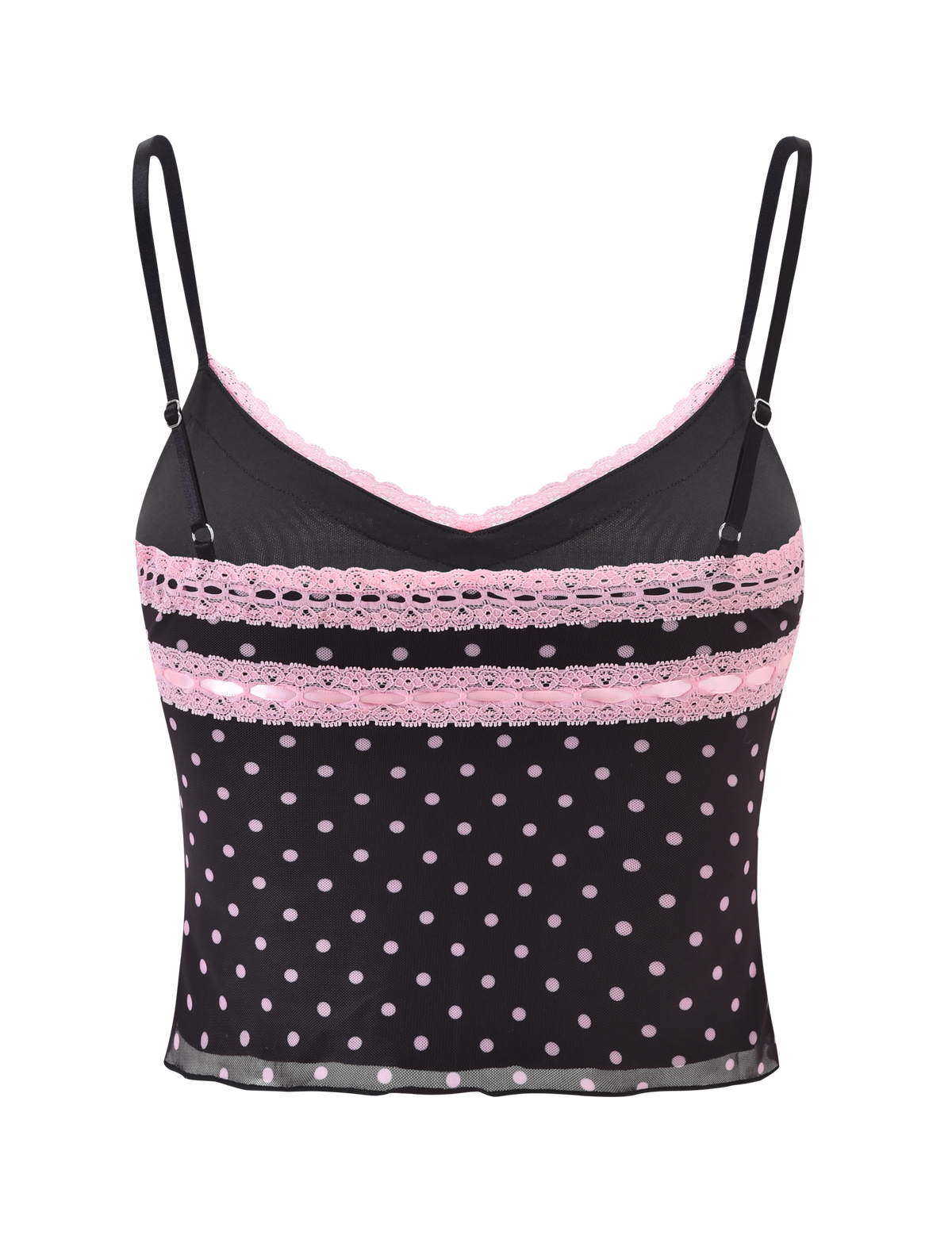 The AMARA TOP - BLACK by TIGERMIST features sheer black printed mesh, thin straps, light pink polka dots, and detailed pink lace trim for a fitted, chic look.