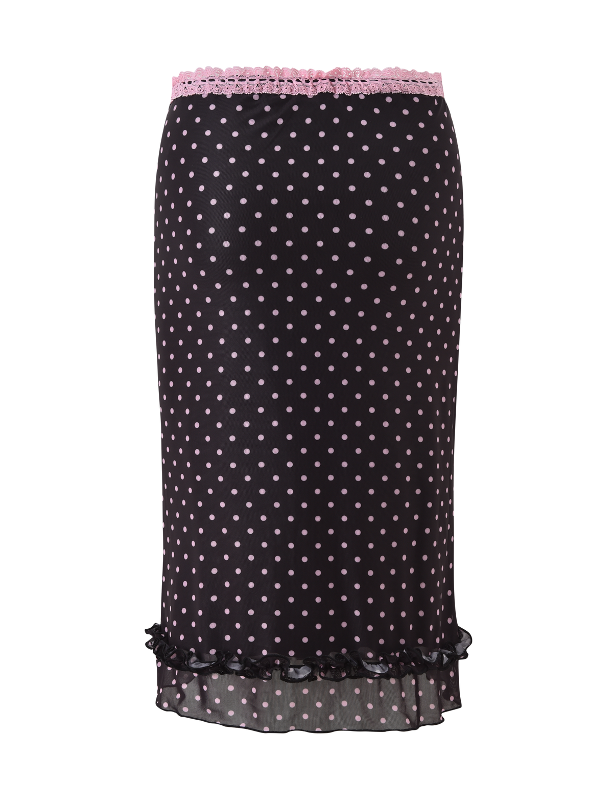 The AMARA MIDI SKIRT - BLACK by TIGERMIST is knee-length with light pink polka dots, featuring a pink lace-trimmed waist and a ruffled sheer hem for a playful look.