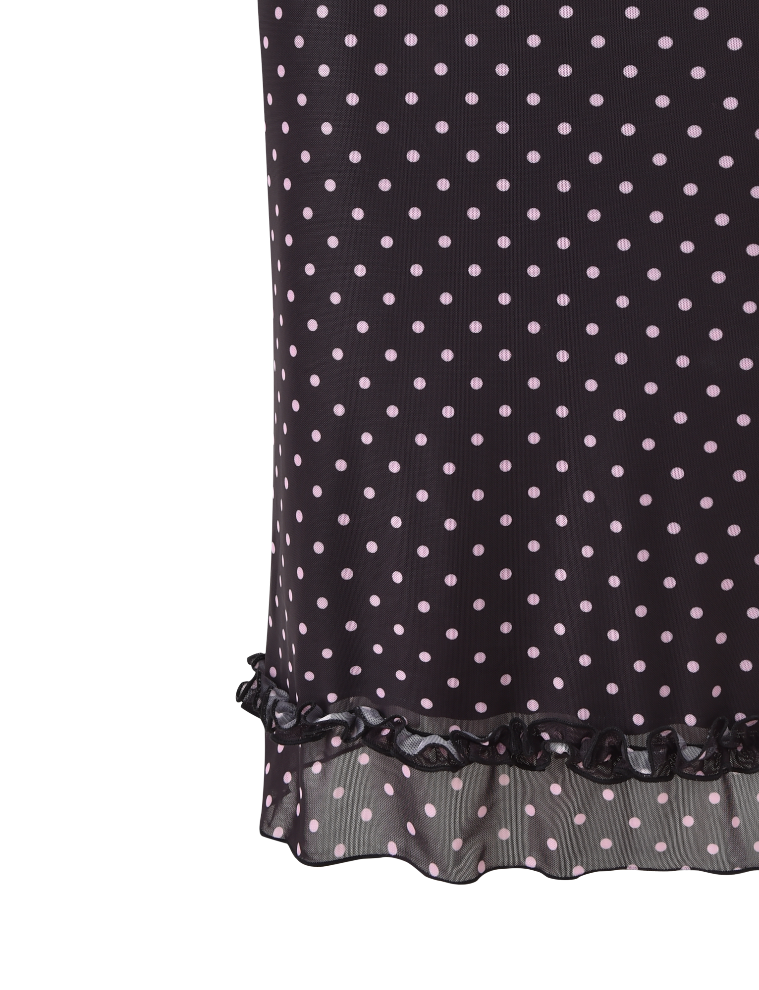 A close-up of the TIGERMIST AMARA MIDI SKIRT in black, featuring light pink polka dots and a sheer ruffle trim along the hem.