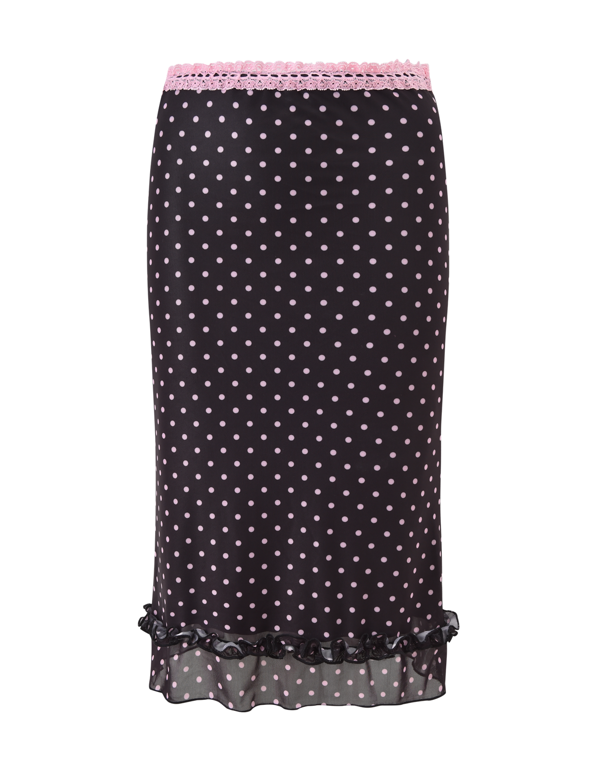 The AMARA MIDI SKIRT - BLACK by TIGERMIST features light pink polka dots, a pink lace-trimmed waistband, and a ruffled hem for extra charm.