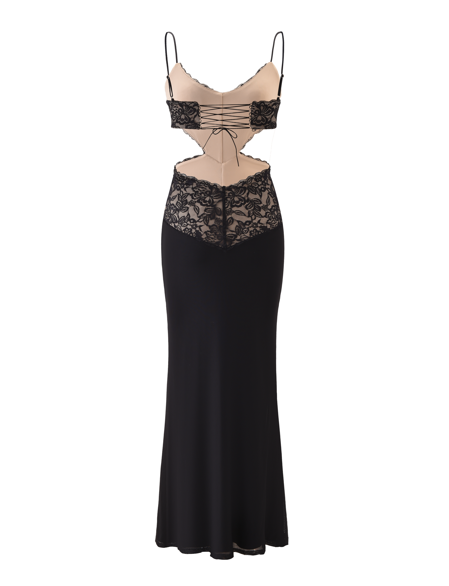 The TIGERMIST WISTERIA MAXI DRESS - BLACK features sheer lace panels, adjustable straps, midriff cut-outs, a beige underlay, and decorative lace patterns on the bodice and waist.