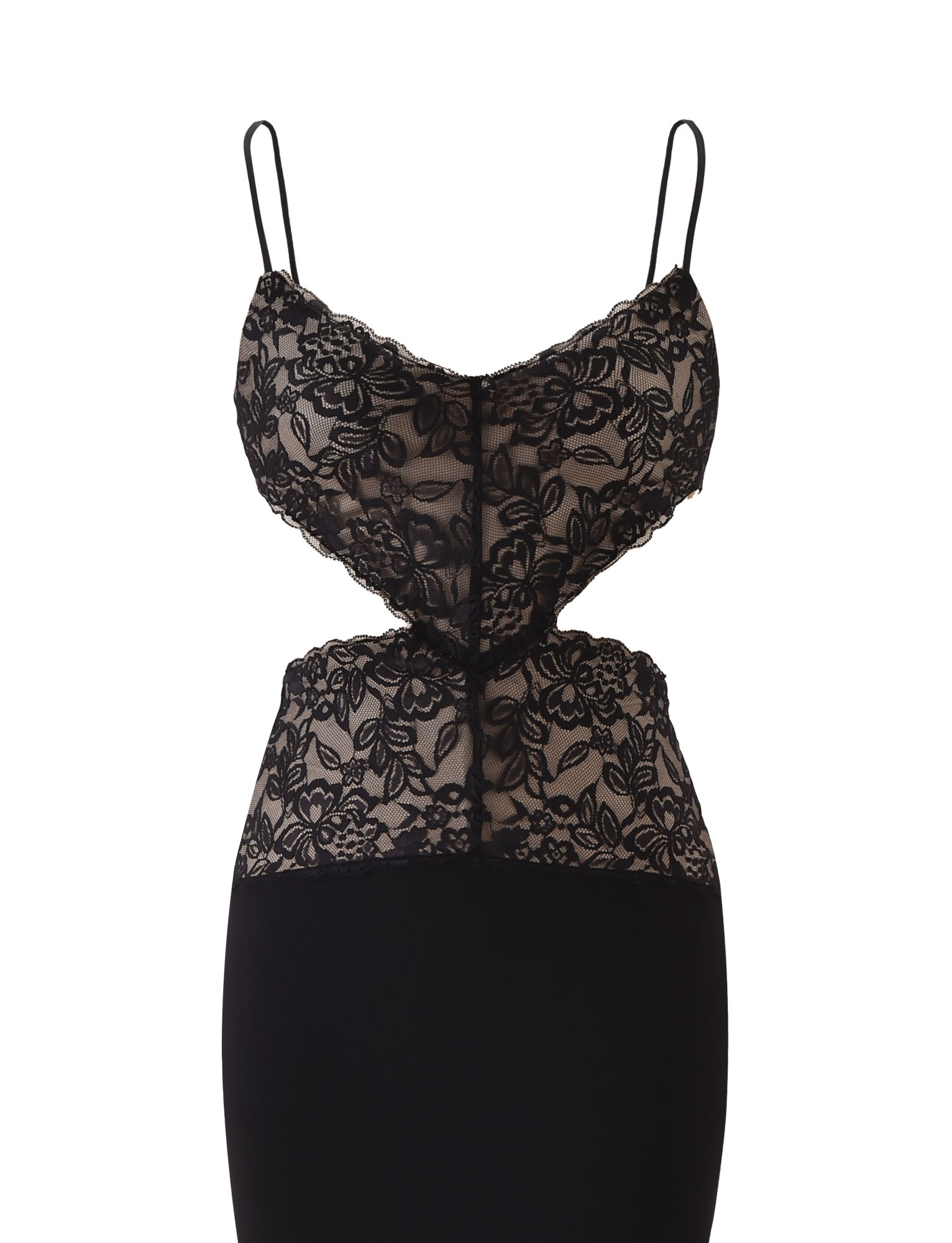 The WISTERIA MAXI DRESS - BLACK by TIGERMIST features adjustable shoulder straps, a sheer floral lace bodice, cut-out waist sides, and a fitted black skirt.