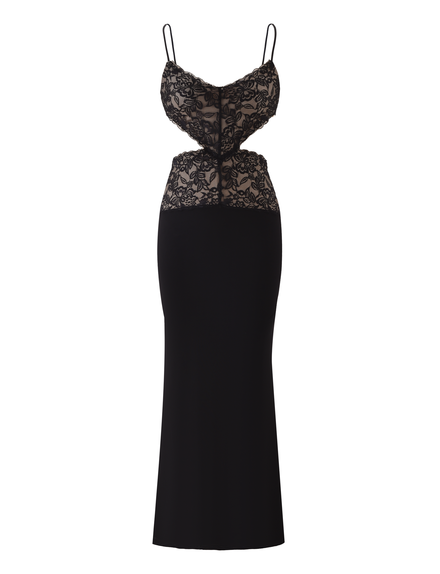 The WISTERIA MAXI DRESS - BLACK by TIGERMIST is a sleeveless maxi with thin adjustable straps, a lace bodice over beige underlay, waist cutout, and long fitted skirt.
