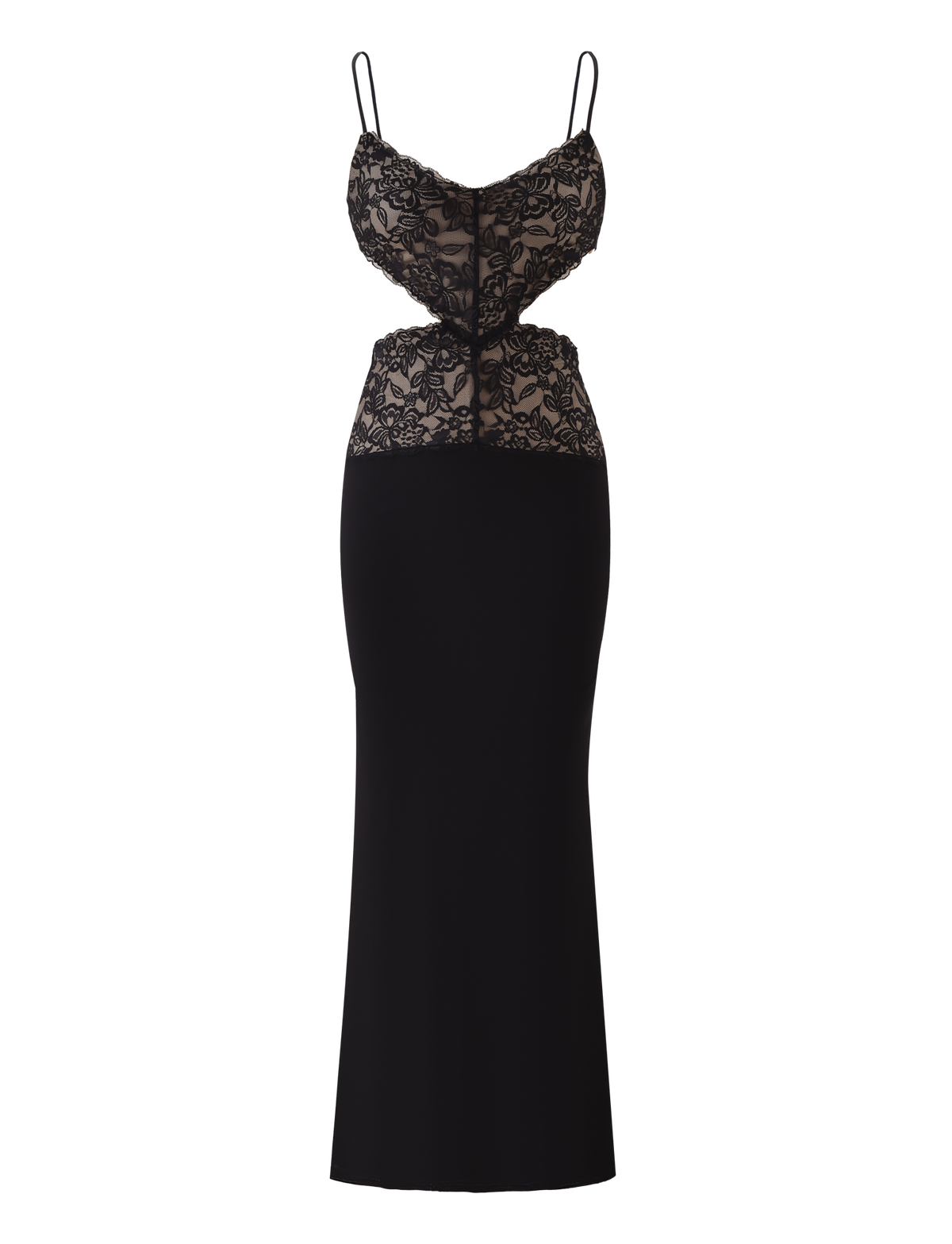 The WISTERIA MAXI DRESS - BLACK by TIGERMIST is a sleeveless maxi with thin adjustable straps, a lace bodice over beige underlay, waist cutout, and long fitted skirt.