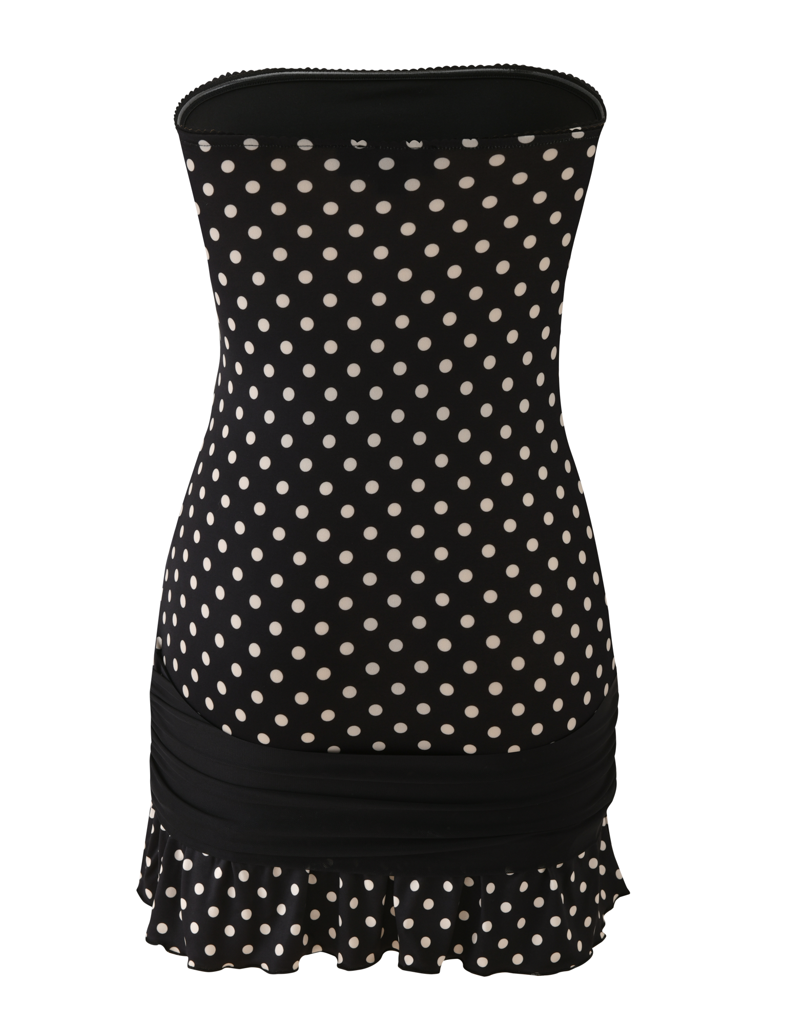 The TOVE MINI DRESS by TIGERMIST features a bodycon strapless design in black polka dot, with a ruched band at the lower hips and a playful ruffle hem for extra flair.