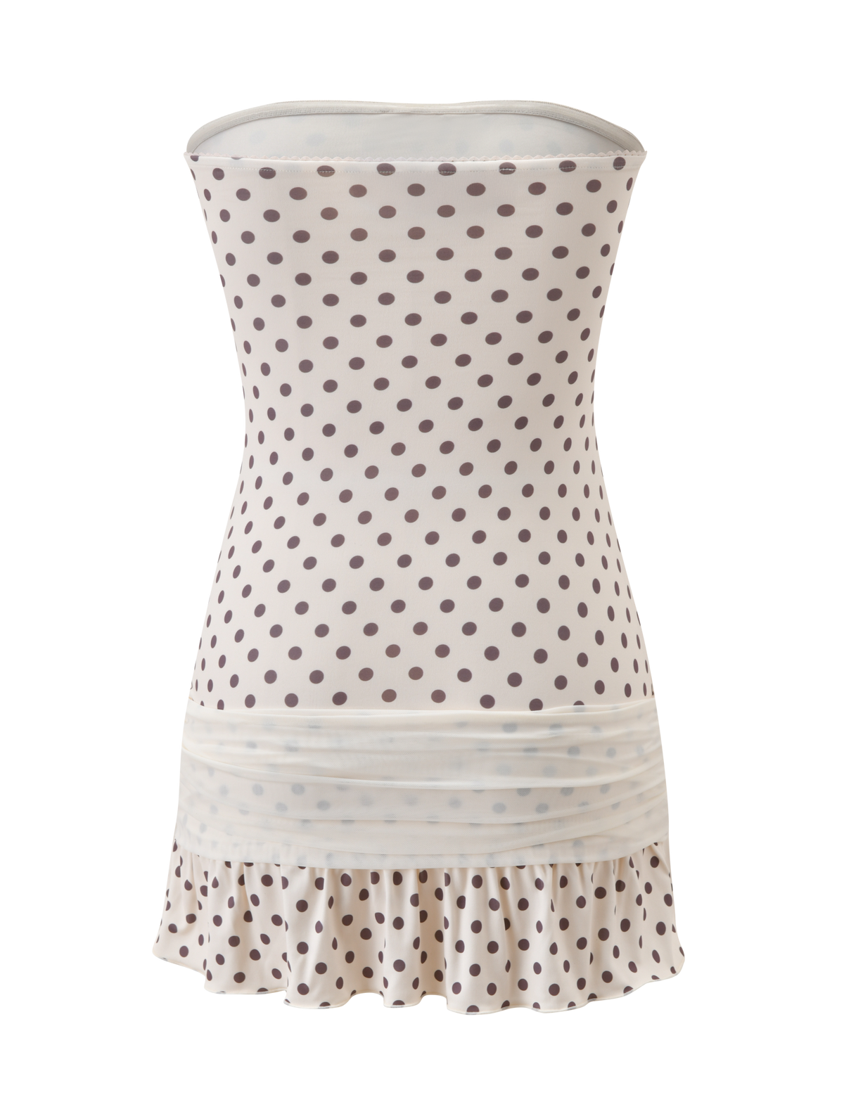 The TIGERMIST TOVE MINI DRESS in white polka dot features a strapless bodycon fit, ruched waistband, ruffle hem, and is shown against a white background.