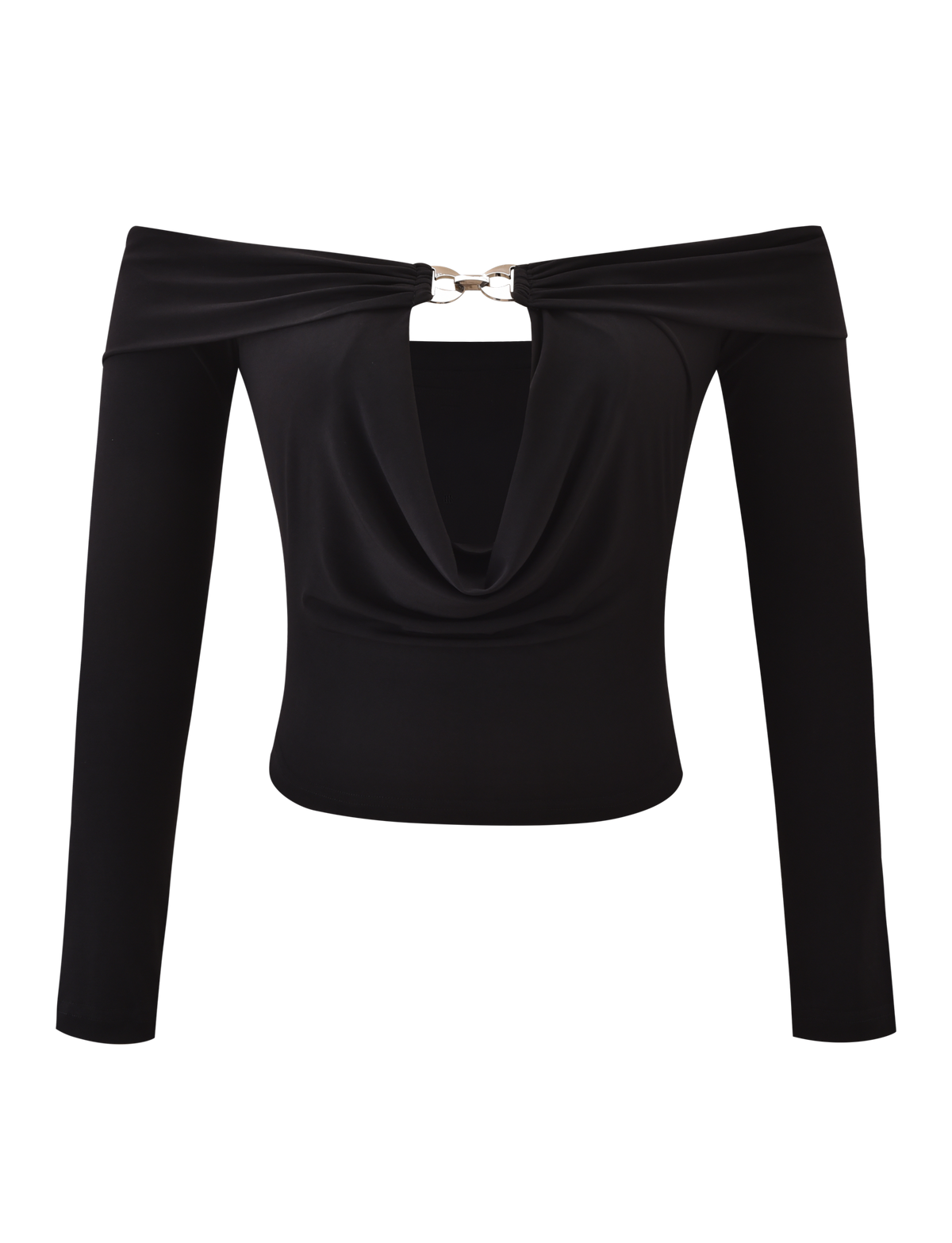 The JENESIS LONG SLEEVE TOP by TIGERMIST is a black off-the-shoulder top featuring a draped cowl cutout front, wide neckline, and an eye-catching silver chest clasp.