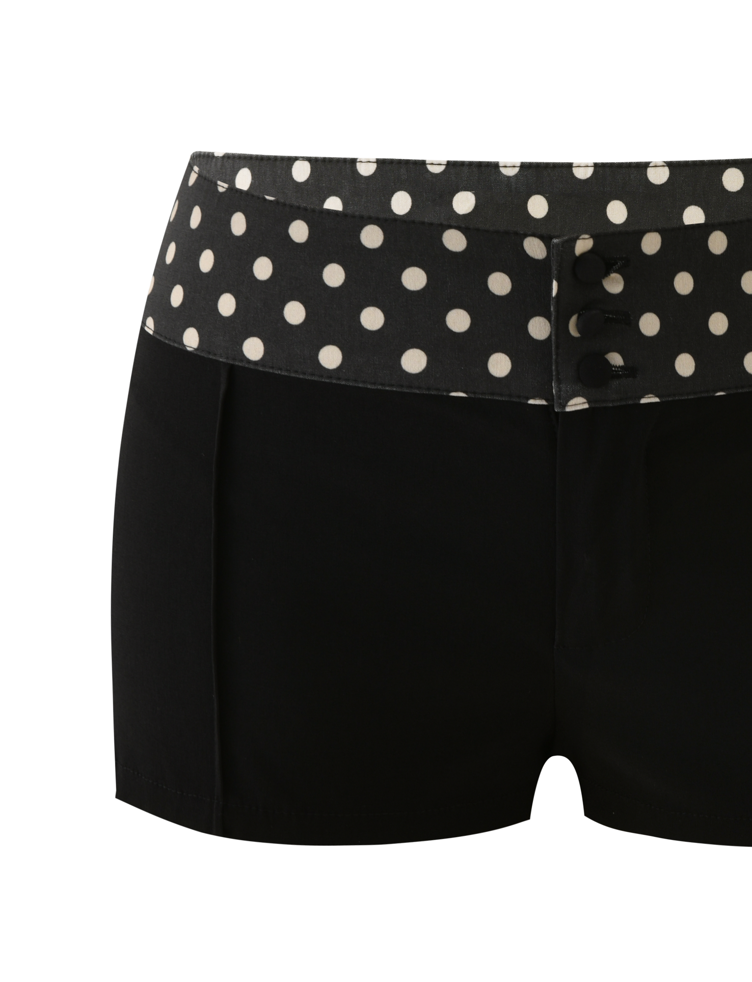 The TIGERMIST KITTIE 2.0 SHORT - BLACK features a fitted design, a wide polka dot waistband with large white dots, and three decorative black buttons on the front, made from soft Kittie fabric for a playful yet chic look.