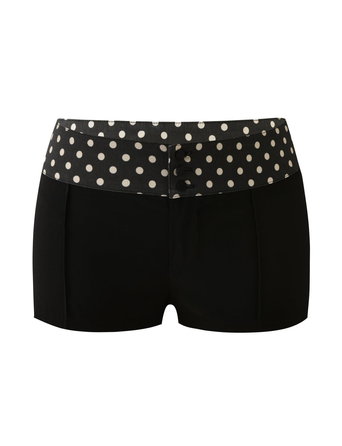The TIGERMIST KITTIE 2.0 SHORT - BLACK features a polka dot waistband, wide high-waist band with three black buttons, and is crafted from soft Kittie fabric for standout style.