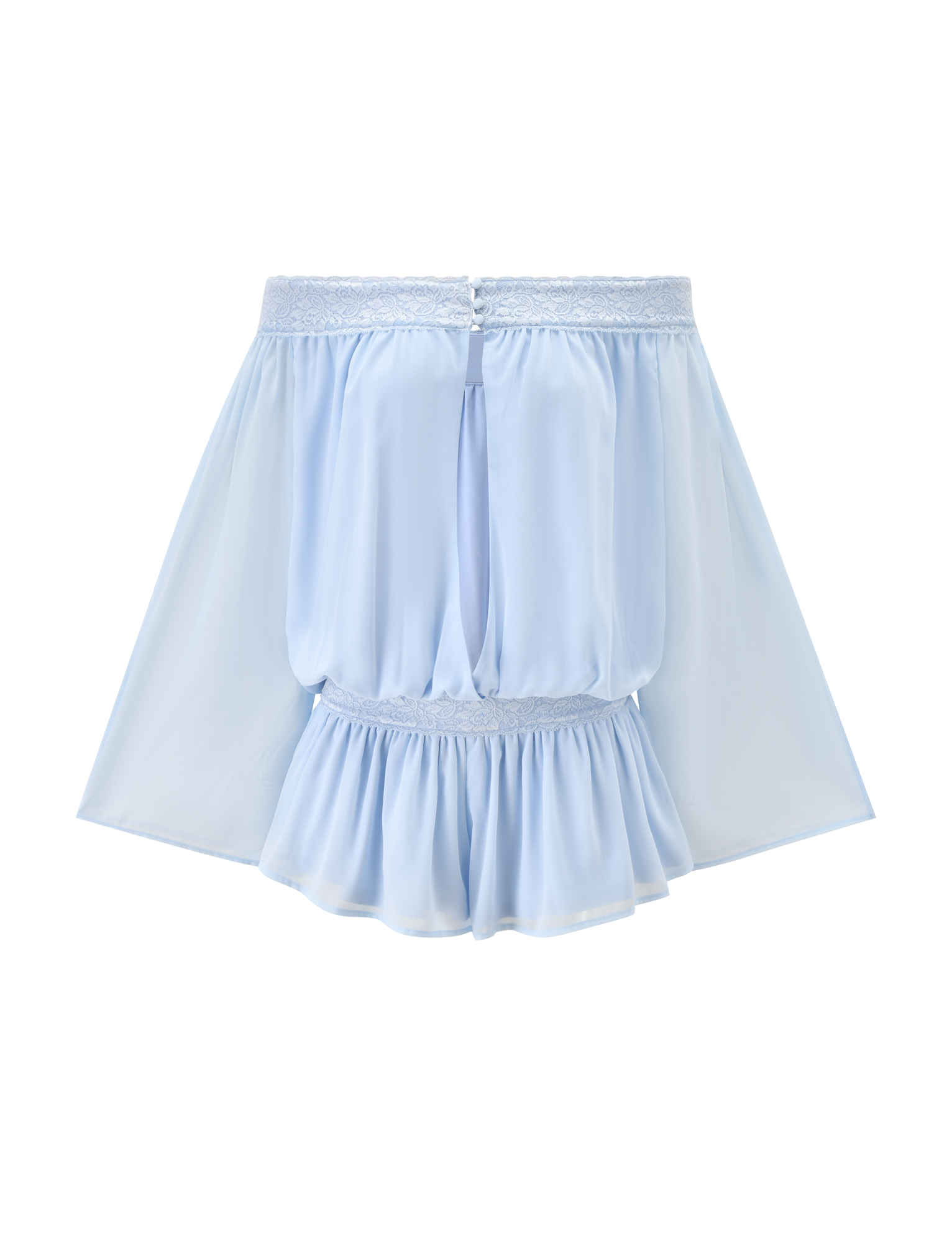 The TIGERMIST TESSIE PLAYSUIT in baby blue features a sheer, flowy design with a wide lace waistband and delicate lace trim along the ruffled hem, showcased against a white background.