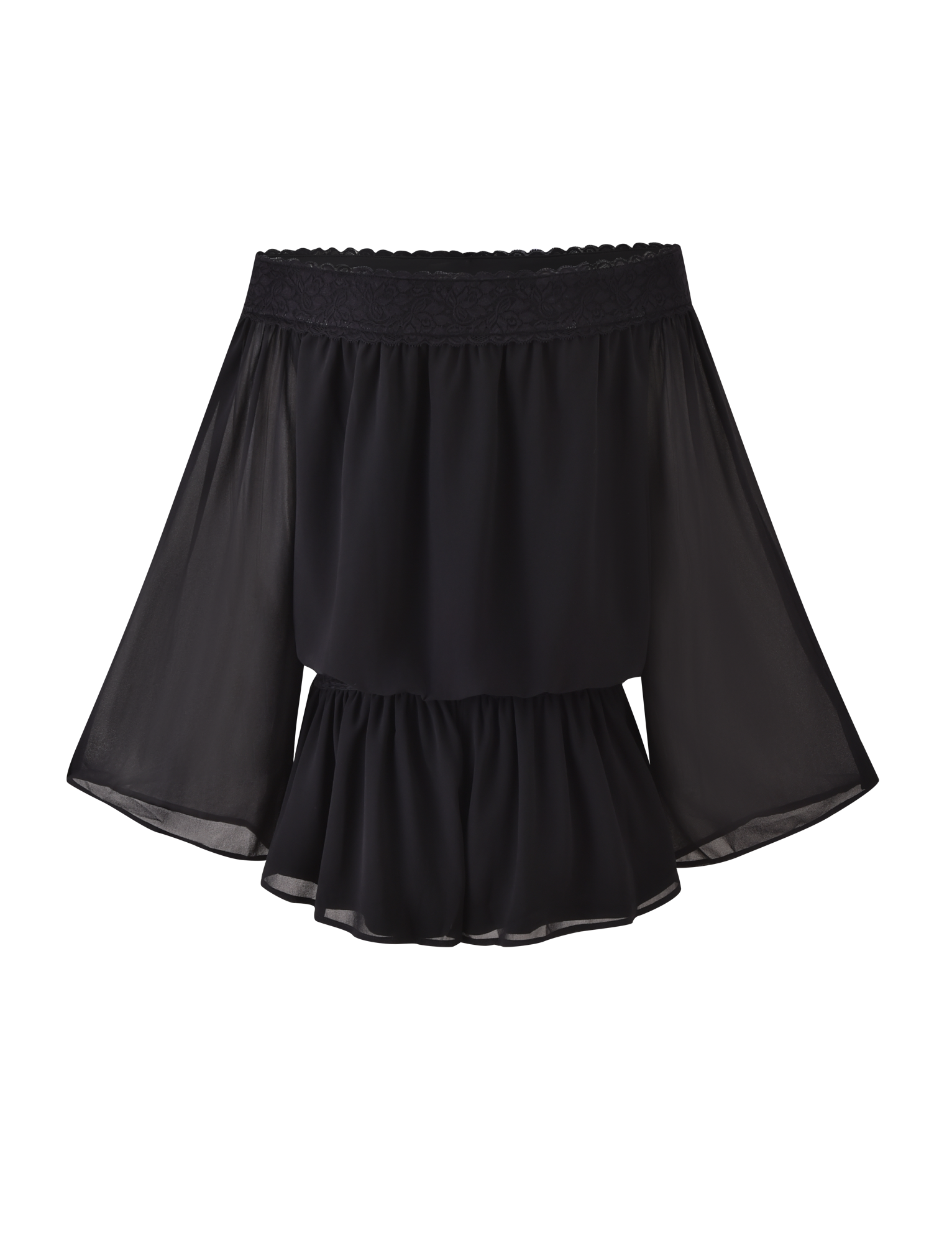 The TESSIE PLAYSUIT - BLACK by TIGERMIST features an off-the-shoulder design with sheer, wide sleeves, lace trim, and a ruffled hem, shown against a white background.