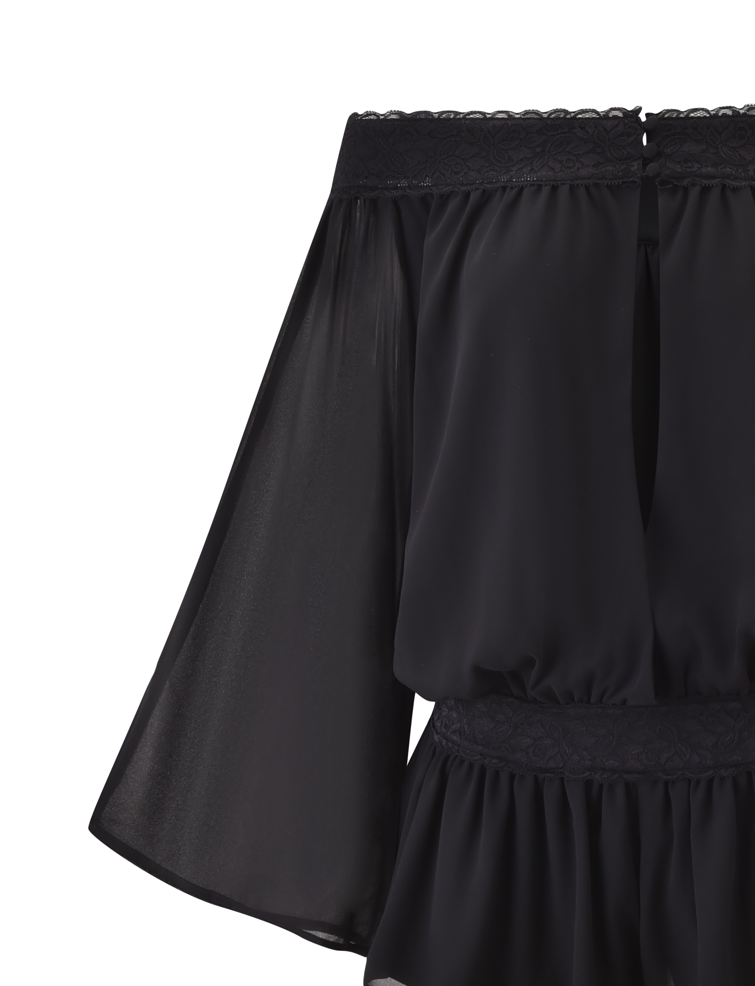 Close-up of the TIGERMIST TESSIE PLAYSUIT in black, showcasing its off-the-shoulder blouse design with sheer wide sleeves and delicate lace trim at the neckline and waist, set against a white background.