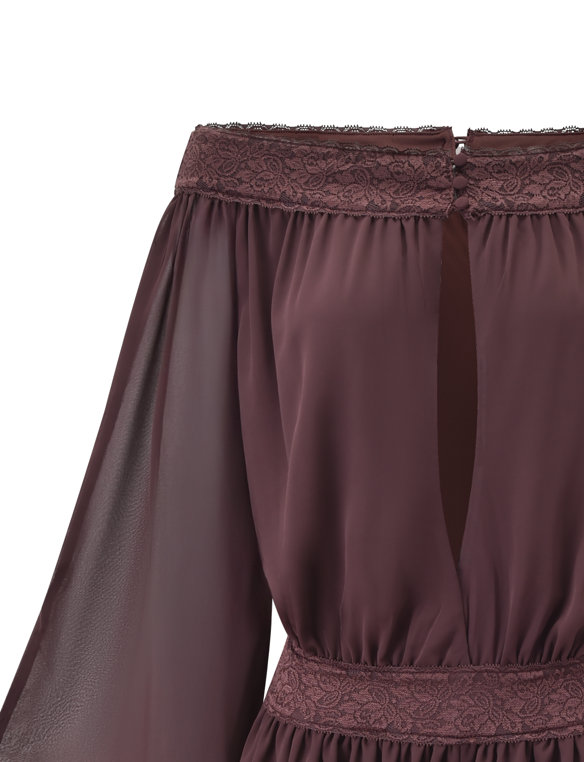 Close-up of the TESSIE PLAYSUIT by TIGERMIST in brown, with lace-trimmed neckline and waist, sheer long sleeves, a front keyhole opening, and soft, slightly shiny fabric.