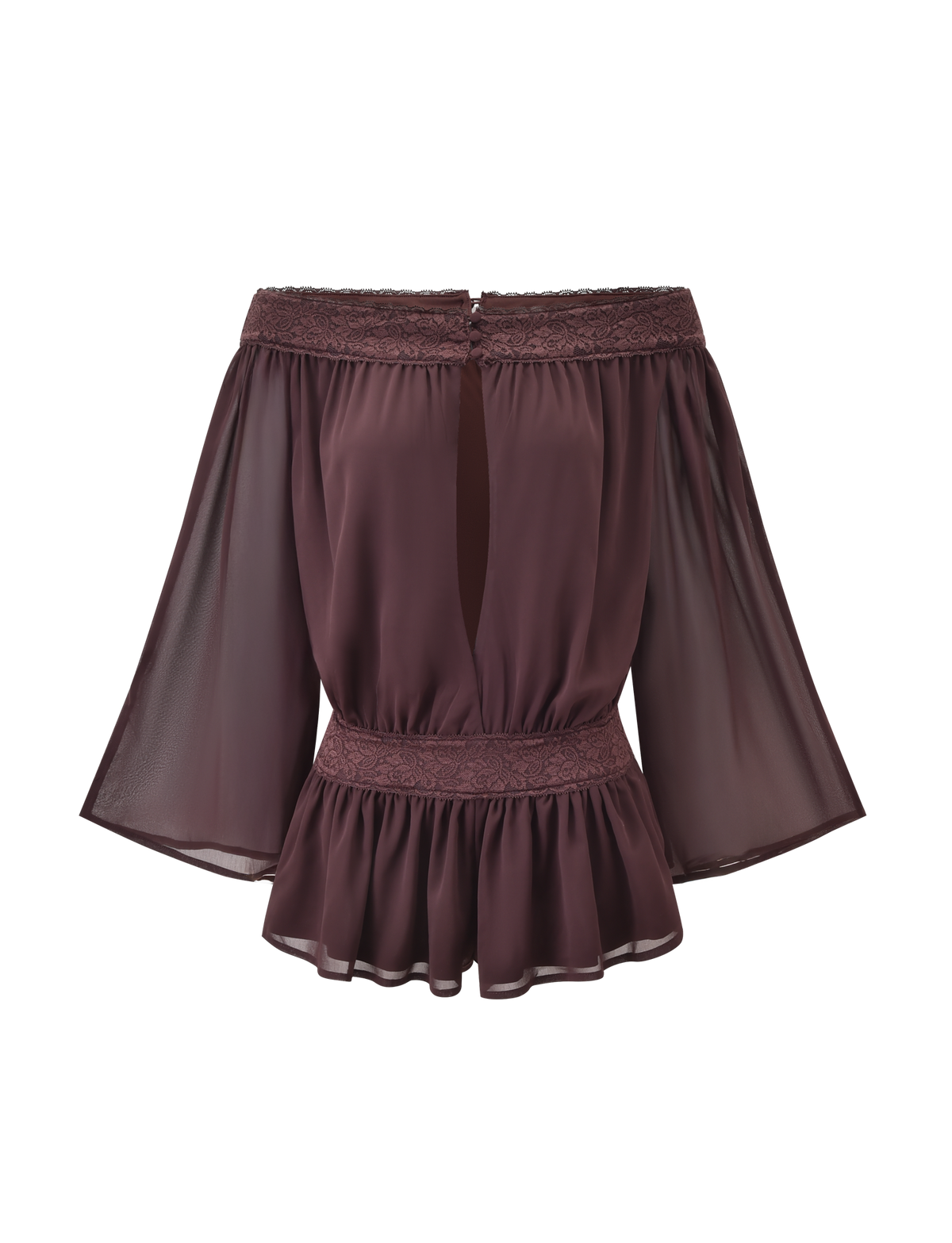 The TIGERMIST TESSIE PLAYSUIT in brown features sheer, flared sleeves, a lace-trimmed neckline and waistband, a keyhole back, and a ruffled hem—ideal for a chic, coordinated look.