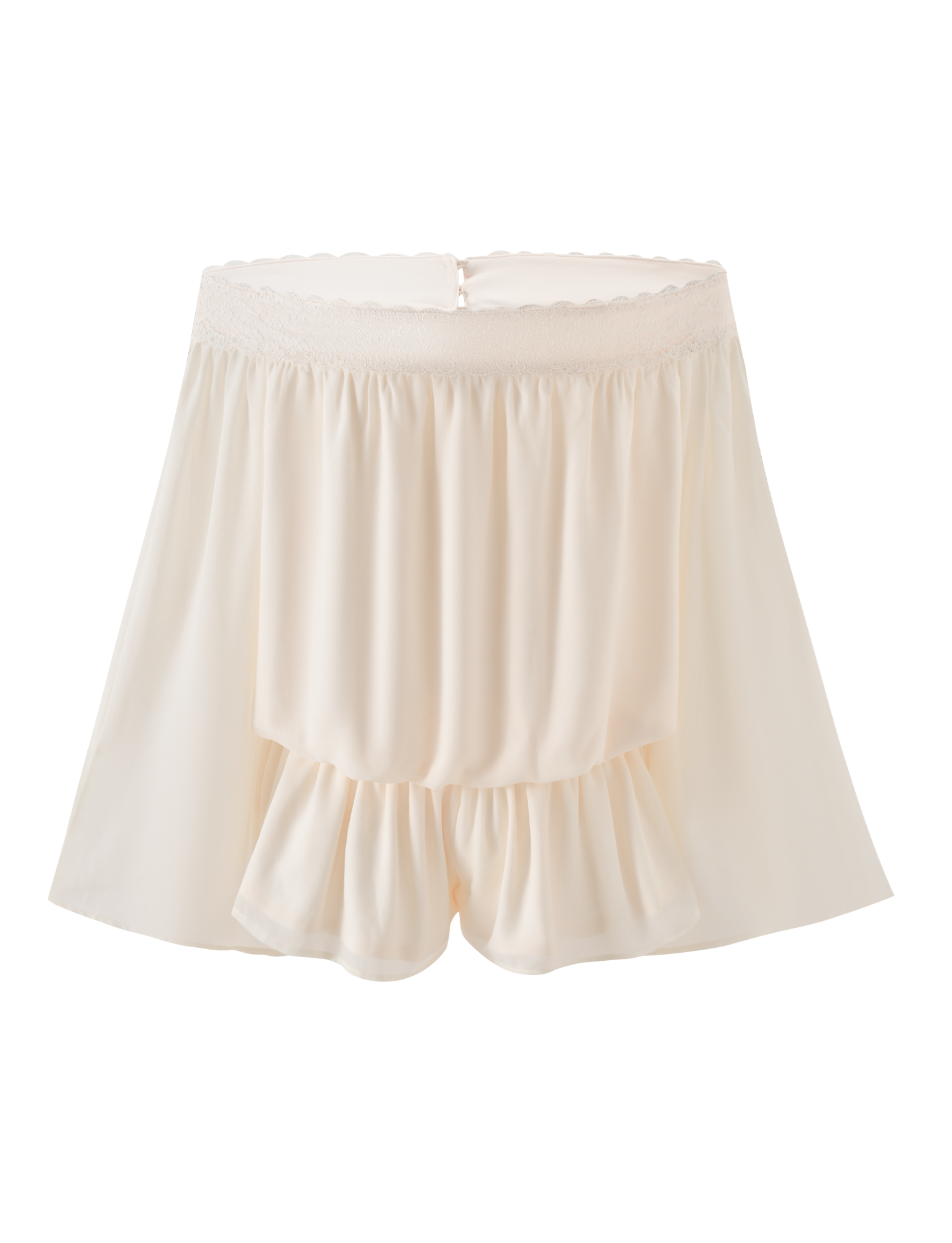 The TESSIE PLAYSUIT - IVORY by TIGERMIST is a cream-colored, high-waisted silk micro mini with a ruffled front layer and lace-trimmed elastic waistband, shown against a white background.