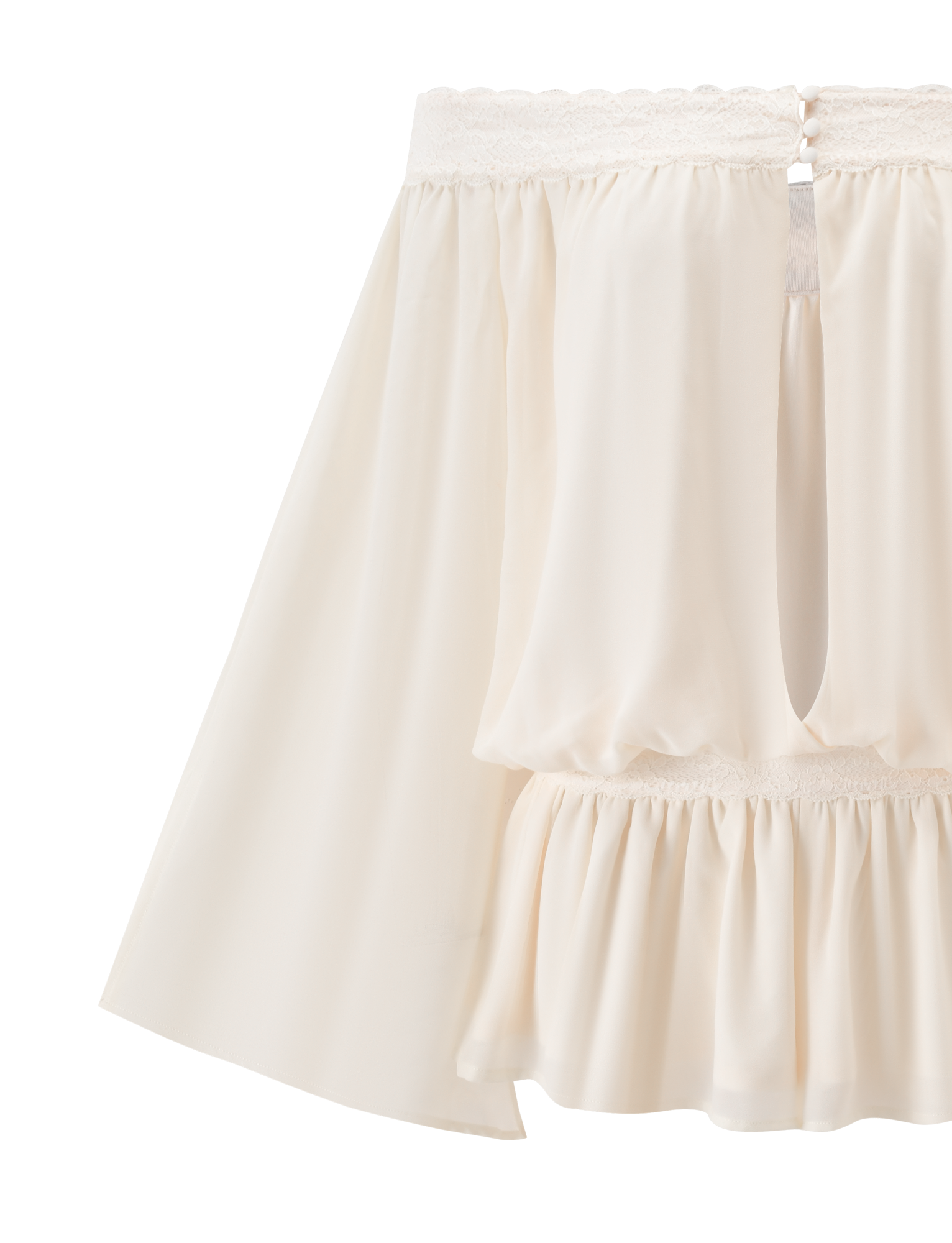 The TESSIE PLAYSUIT - IVORY by TIGERMIST features an off-shoulder neckline, gently ruffled hem, flowing fabric, a gathered waistband, and a keyhole back opening for an elegant look.