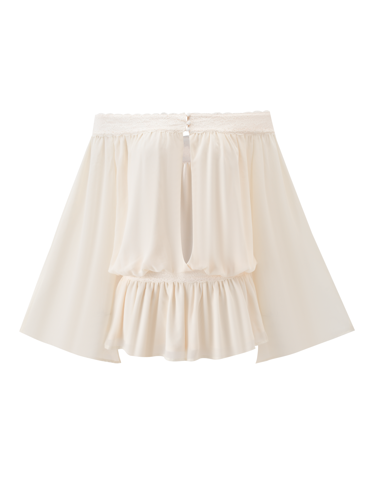 The TESSIE PLAYSUIT in ivory by TIGERMIST features flared sleeves, a ruched elastic neckline, keyhole front with button closure, and a ruffled hem for an effortlessly chic look.