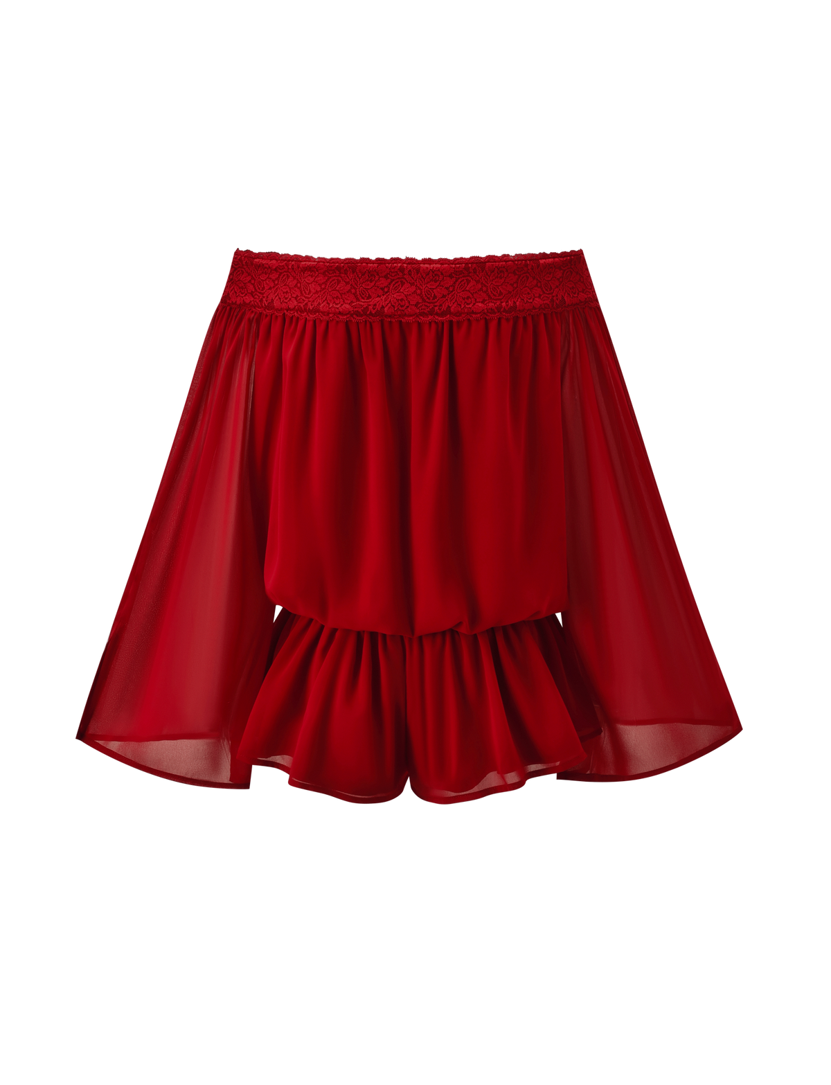 The TESSIE PLAYSUIT - RED by TIGERMIST features a sheer, ruffled hem and lace waistband, shown against a plain white background—perfect for pairing with off-shoulder tops or mini shorts for a flirty look.