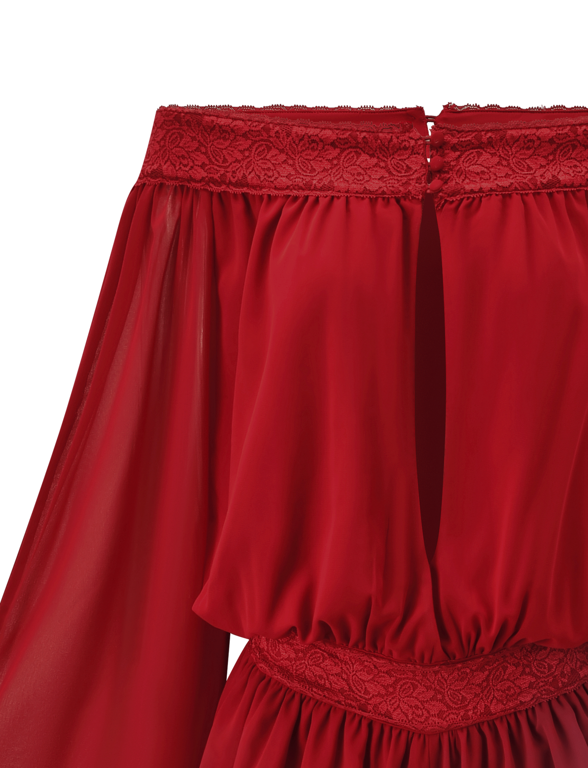 A close-up of the TESSIE PLAYSUIT - RED by TIGERMIST, featuring sheer, flowing off-shoulder sleeves, lace trim at the neckline and waist, ruffled mini shorts, and a front keyhole opening.